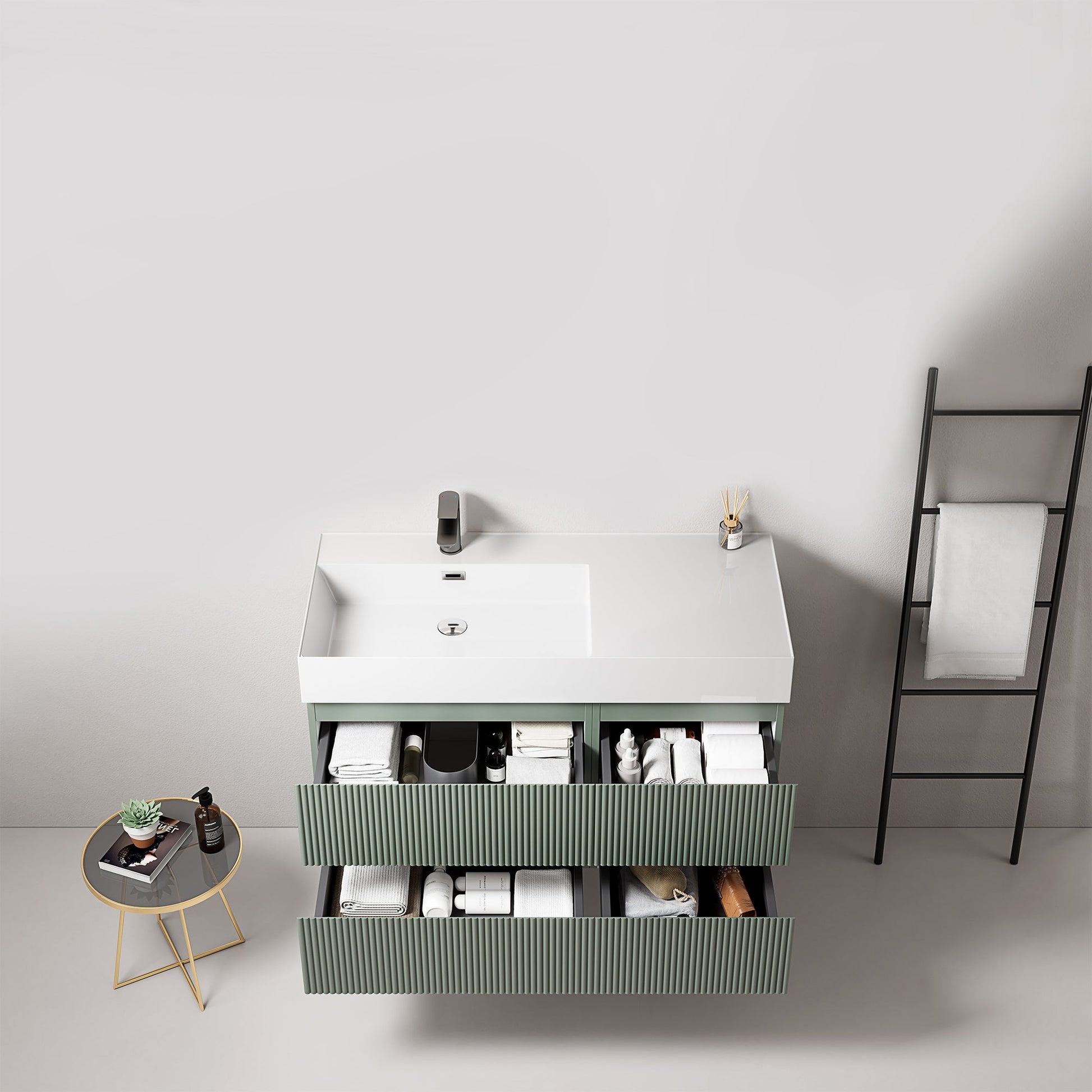 Mobile bagno sospeso cannettato 100 cm Verde Salvia Lavabo a Sinistra in Resina Senza Specchio - Fiji Paint.