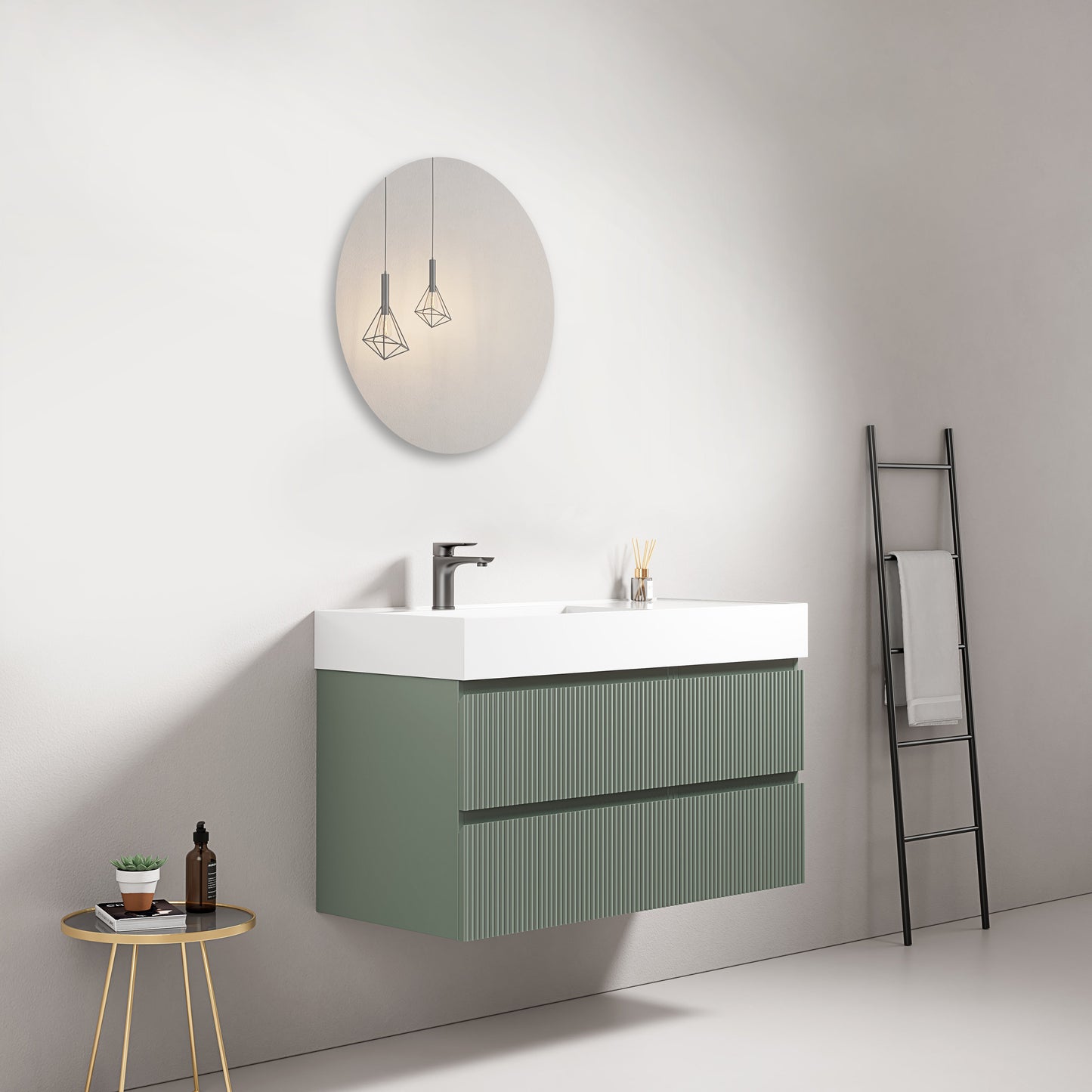 Mobile bagno sospeso cannettato 100 cm Verde Salvia Lavabo a Sinistra in Resina Specchio Tondo - Fiji Paint