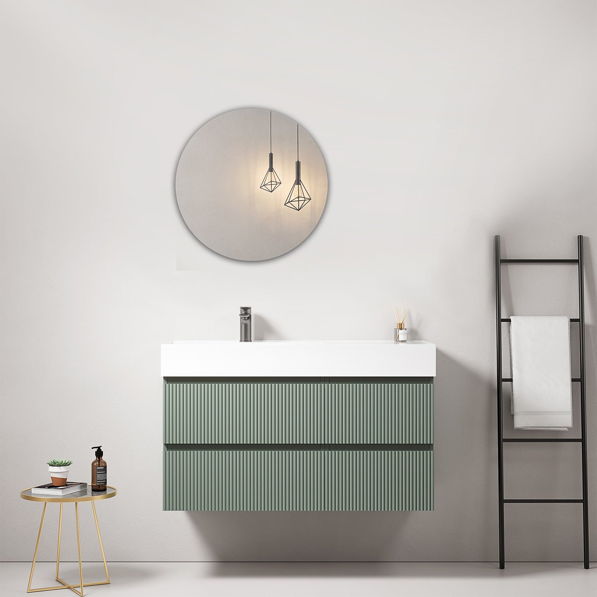 Mobile bagno sospeso cannettato 100 cm Verde Salvia Lavabo a Sinistra in Resina Specchio Tondo - Fiji Paint.