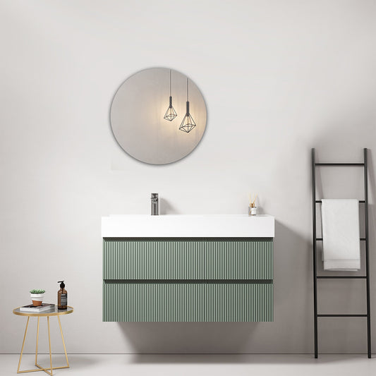Mobile bagno sospeso cannettato 100 cm Verde Salvia Lavabo a Sinistra in Resina Specchio Tondo - Fiji Paint.