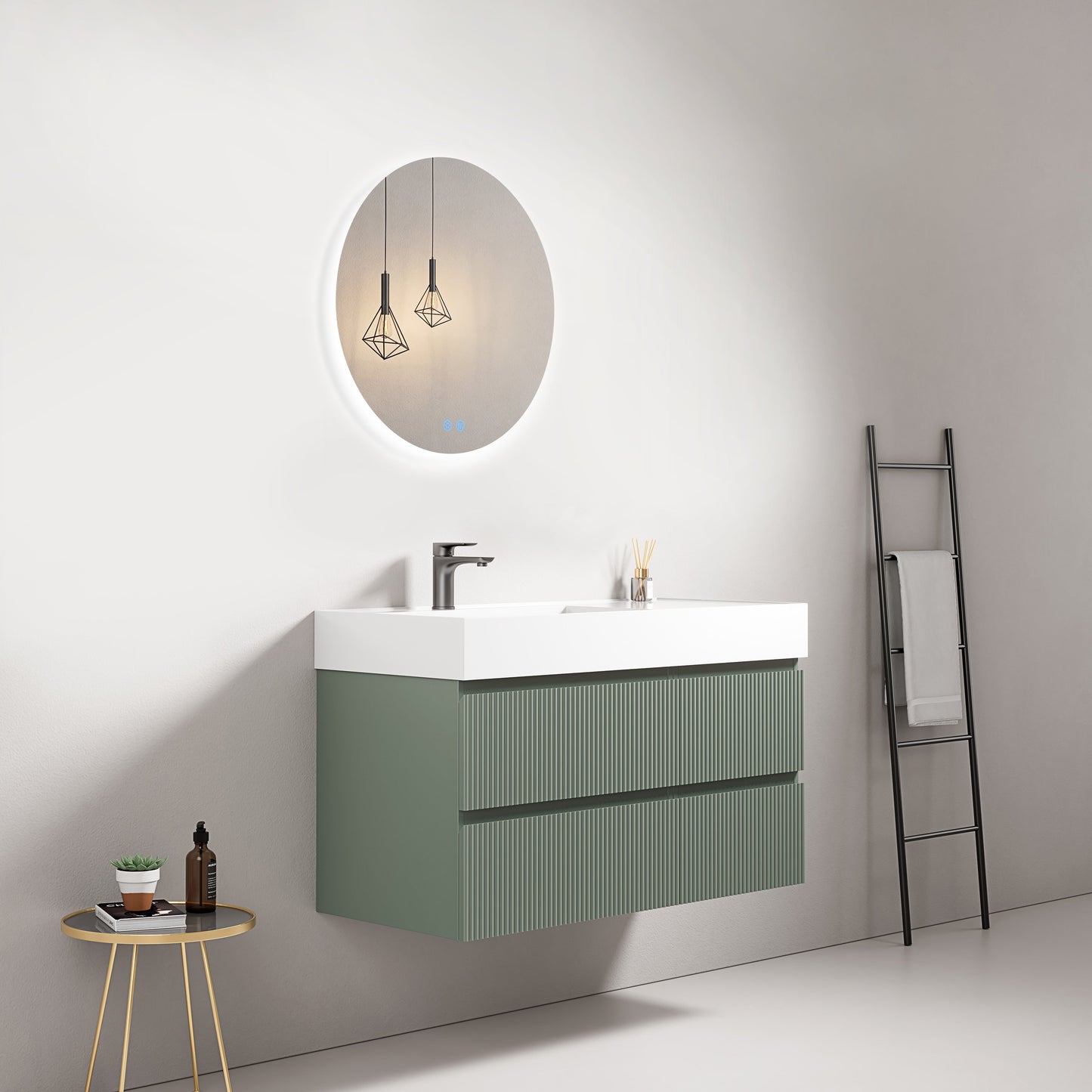 Mobile bagno sospeso cannettato 100 cm Verde Salvia Lavabo a Sinistra in Resina Specchio Tondo Retroilluminato - Fiji Paint