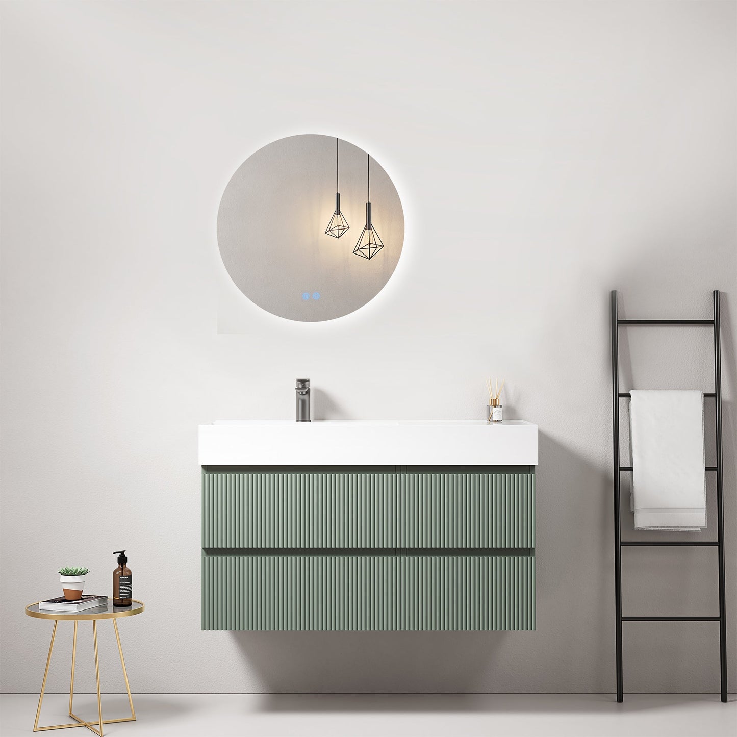 Mobile bagno sospeso cannettato 100 cm Verde Salvia Lavabo a Sinistra in Resina Specchio Tondo Retroilluminato - Fiji Paint