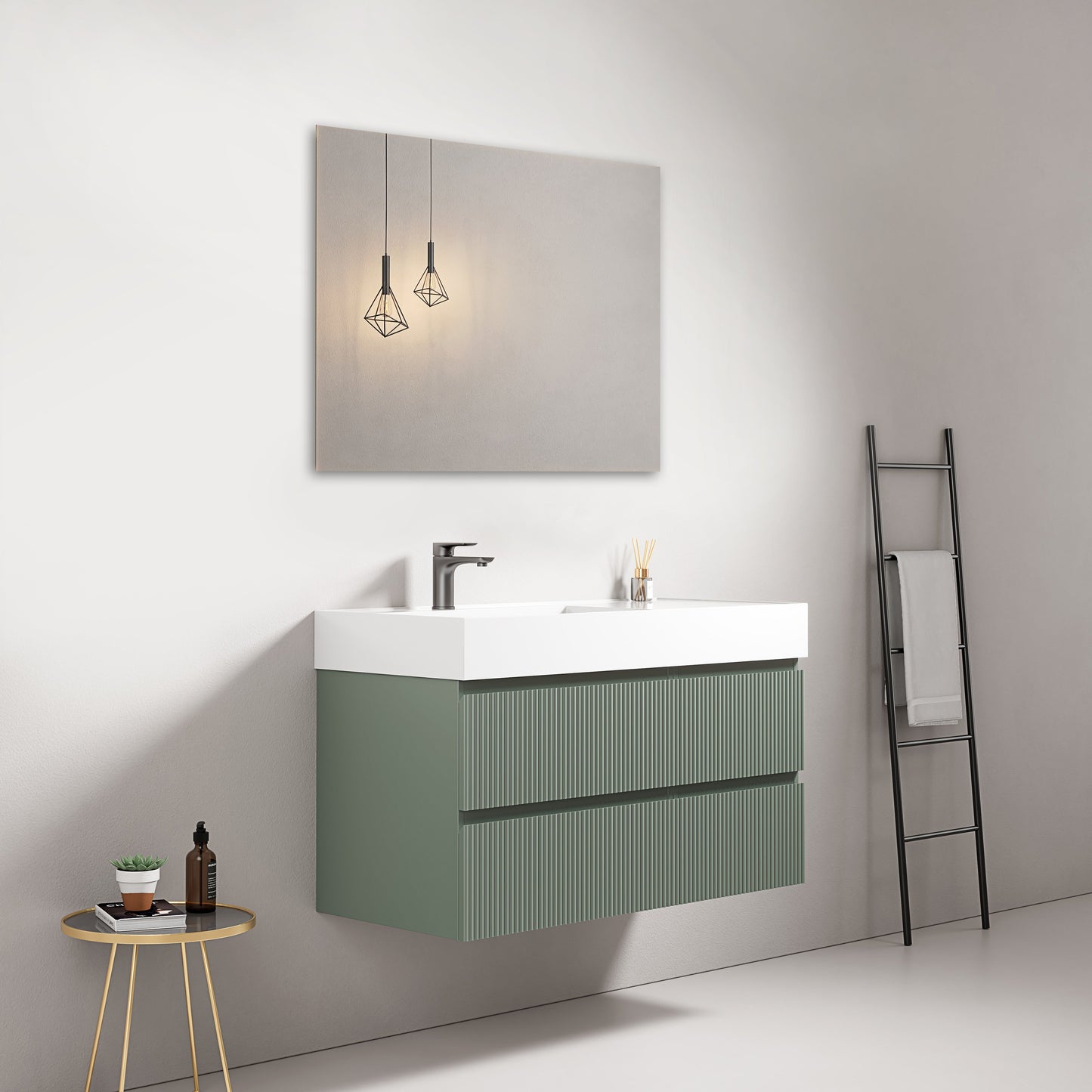 Mobile bagno sospeso cannettato 100 cm Verde Salvia Lavabo a Sinistra in Resina Specchio Quadro - Fiji Paint
