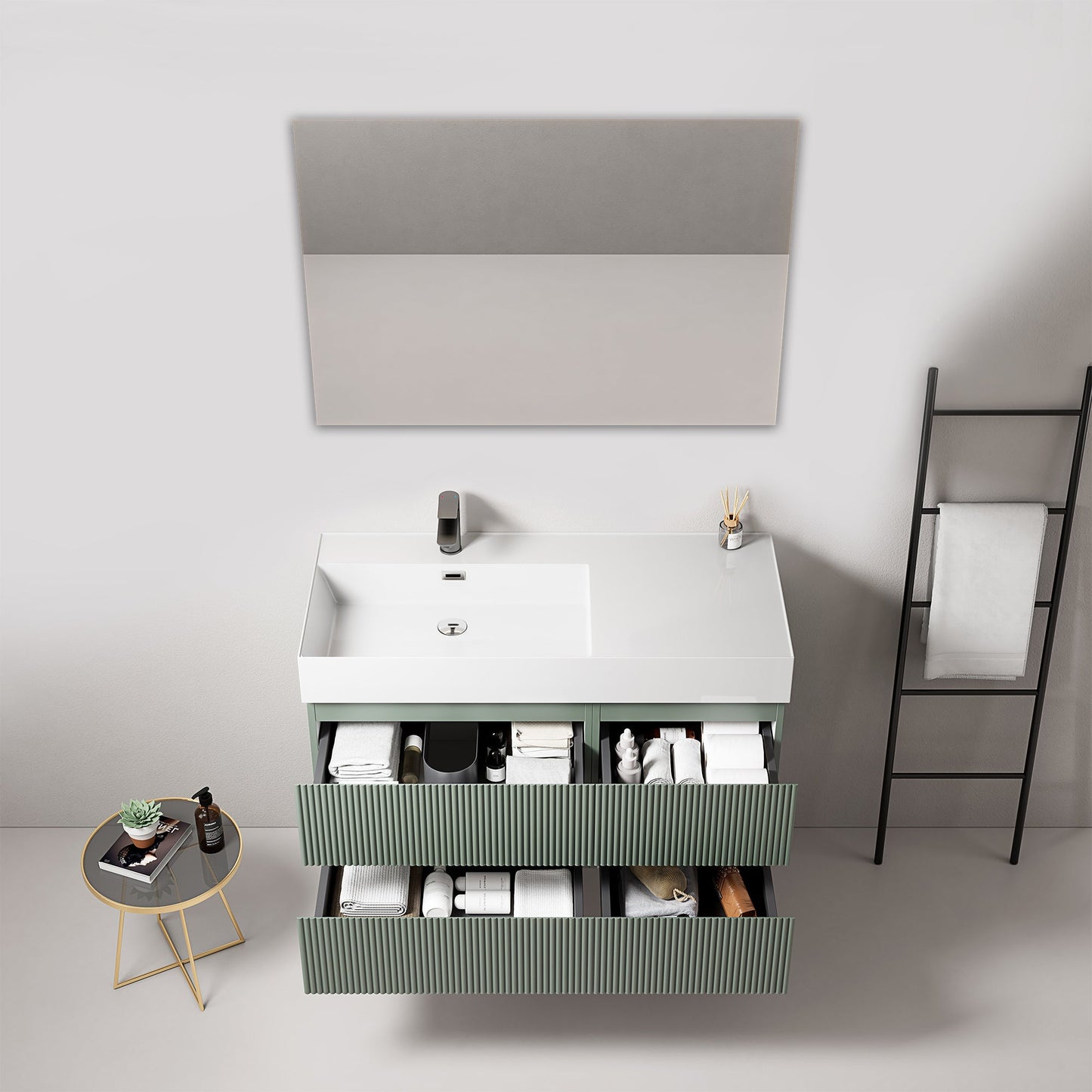 Mobile bagno sospeso cannettato 100 cm Verde Salvia Lavabo a Sinistra in Resina Specchio Quadro - Fiji Paint