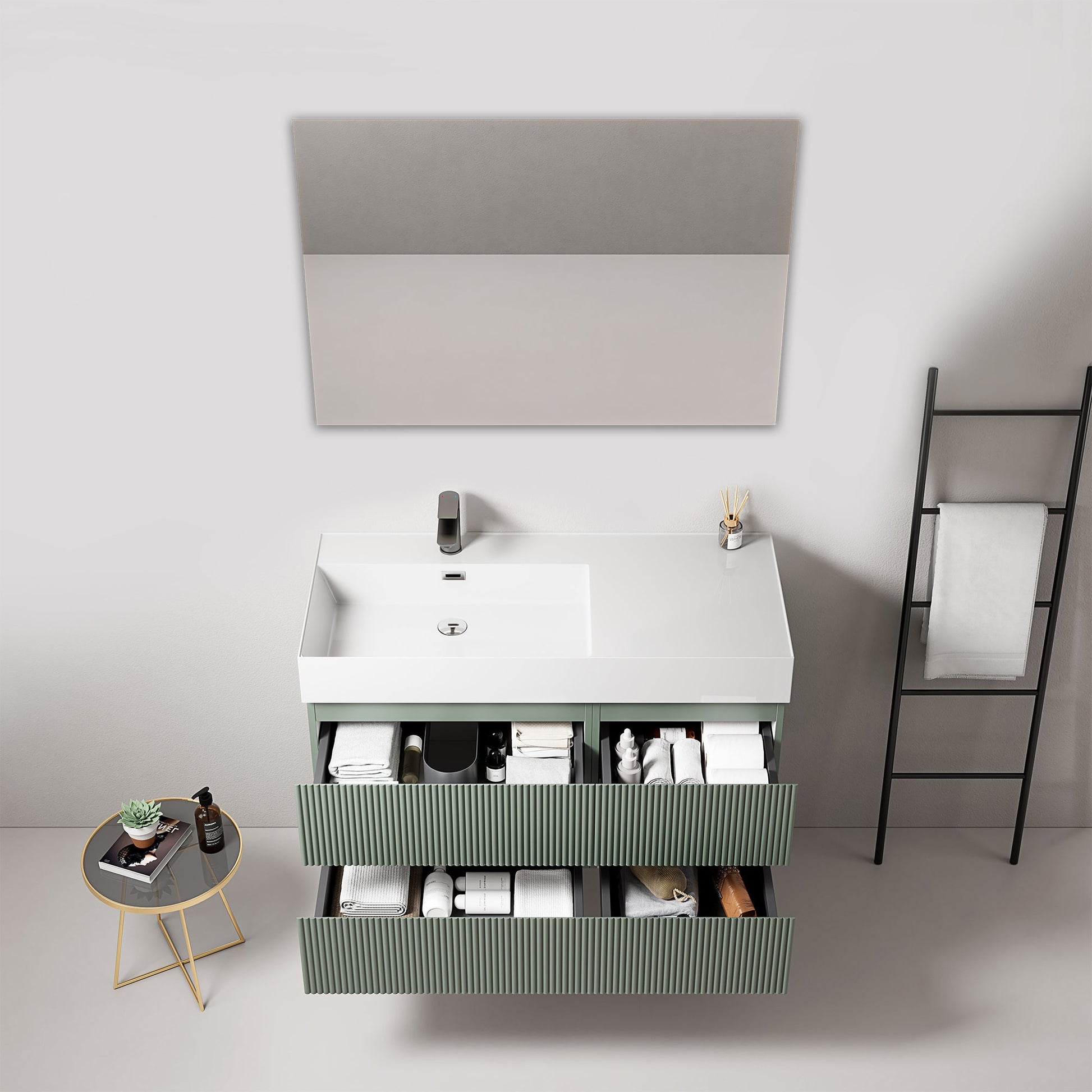 Mobile bagno sospeso cannettato 100 cm Verde Salvia Lavabo a Sinistra in Resina Specchio Quadro - Fiji Paint