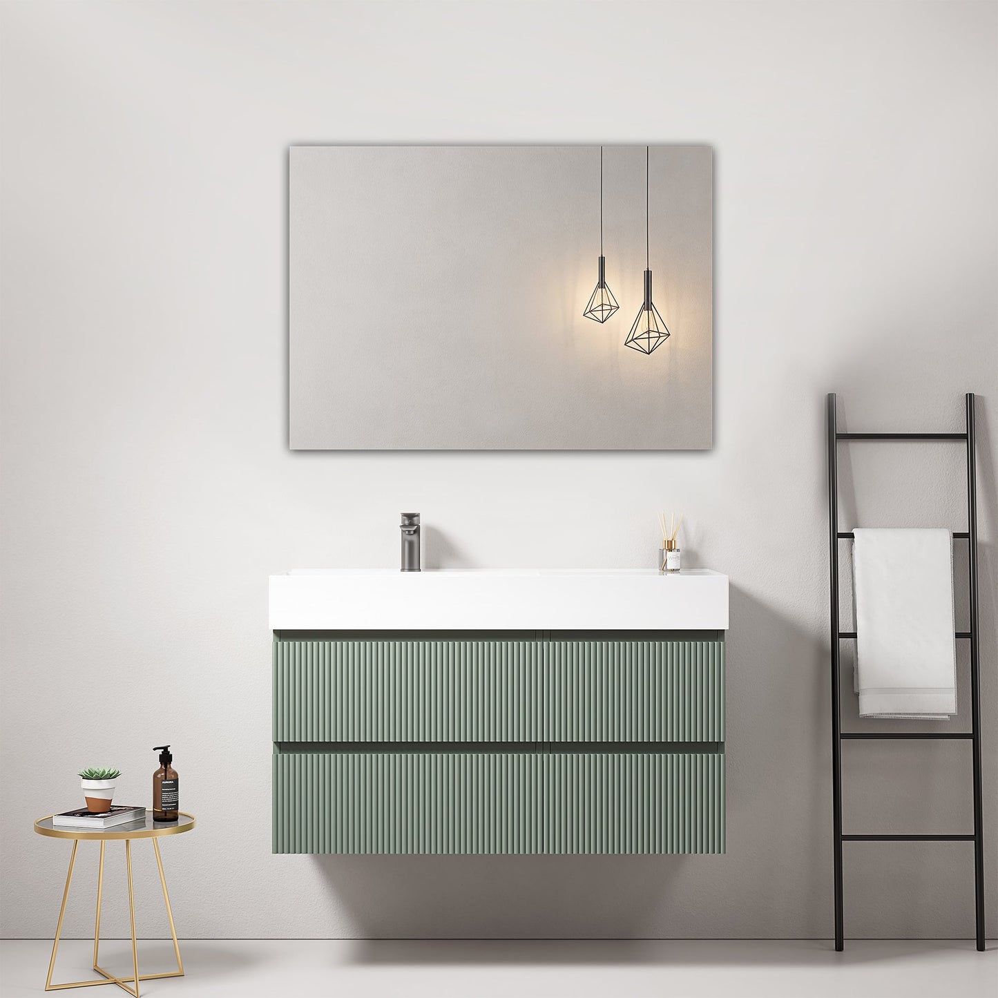 Mobile bagno sospeso cannettato 100 cm Verde Salvia Lavabo a Sinistra in Resina Specchio Quadro - Fiji Paint