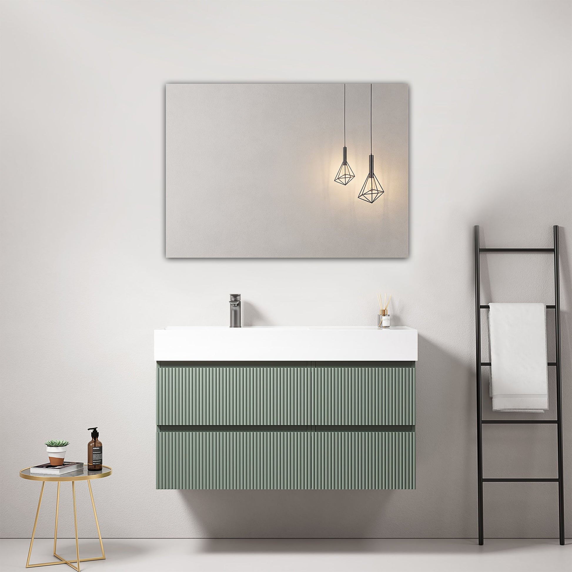 Mobile bagno sospeso cannettato 100 cm Verde Salvia Lavabo a Sinistra in Resina Specchio Quadro - Fiji Paint