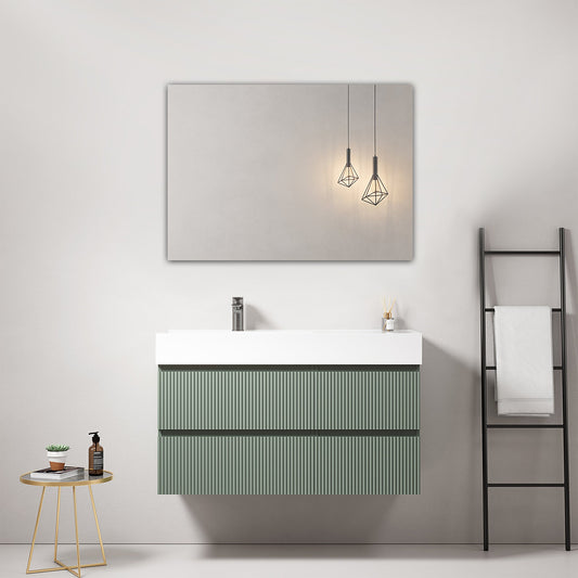 Mobile bagno sospeso cannettato 100 cm Verde Salvia Lavabo a Sinistra in Resina Specchio Quadro - Fiji Paint