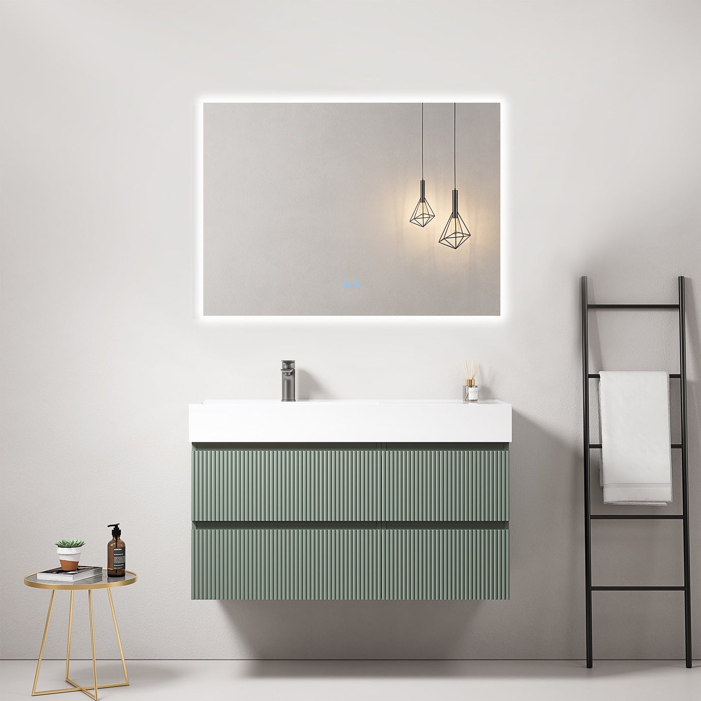 Mobile bagno sospeso cannettato 100 cm Verde Salvia Lavabo a Sinistra in Resina Specchio Quadro Retroilluminato - Fiji Paint