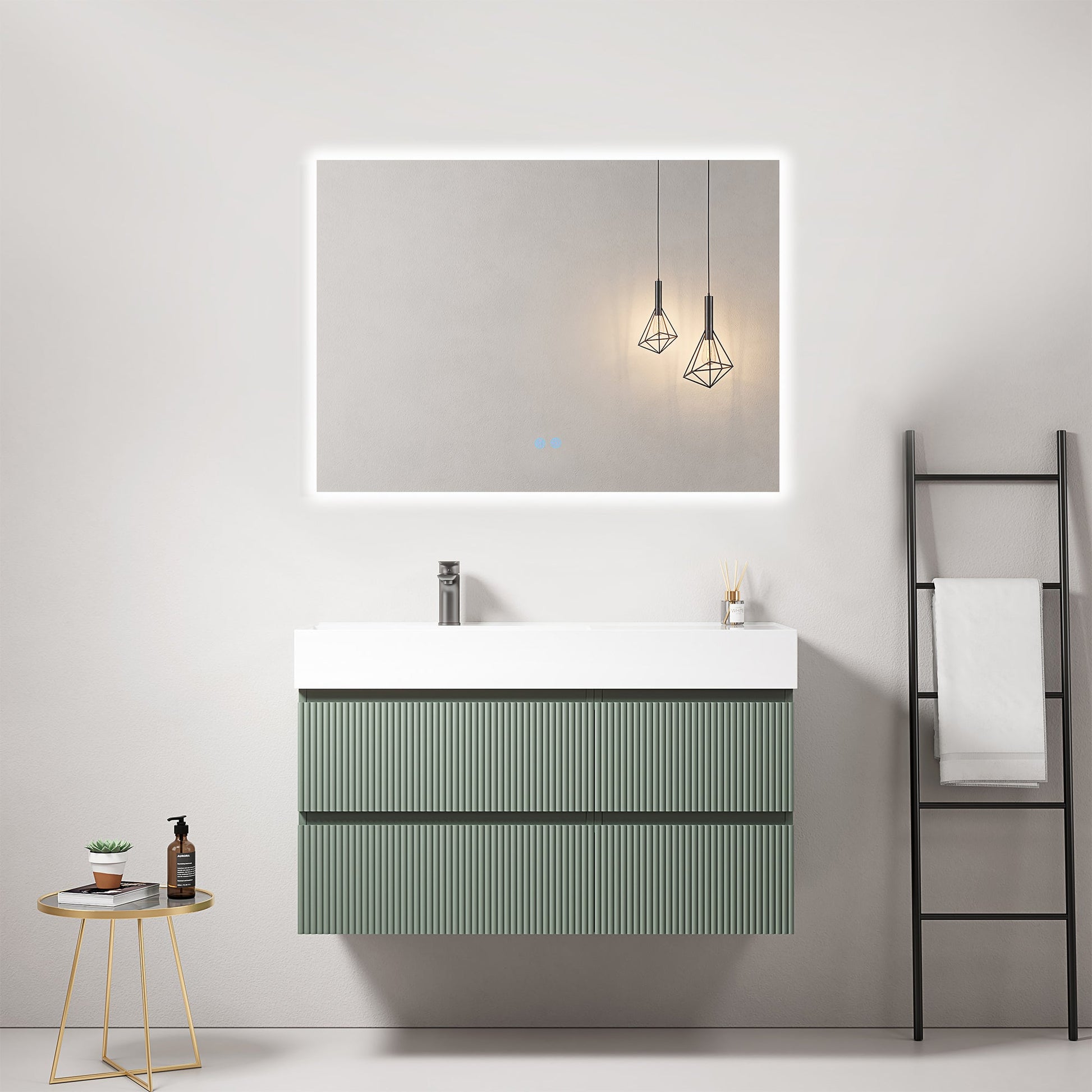 Mobile bagno sospeso cannettato 100 cm Verde Salvia Lavabo a Sinistra in Resina Specchio Quadro Retroilluminato - Fiji Paint