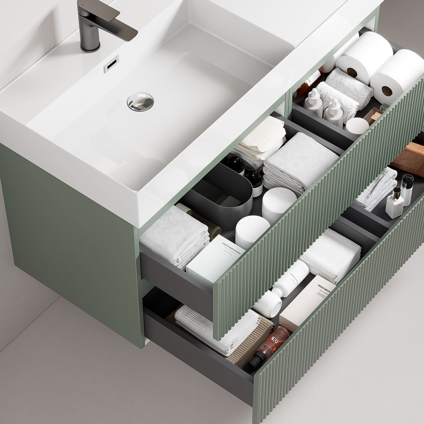 Mobile bagno sospeso cannettato 100 cm Verde Salvia Lavabo a Sinistra in Resina Senza Specchio - Fiji Paint con cassetti organizzati.