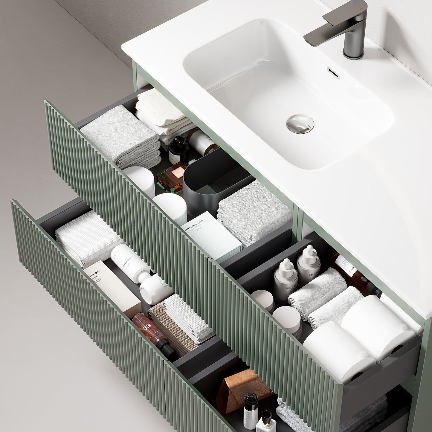 Mobile bagno sospeso cannettato 100 cm Verde Salvia Lavabo a Sinistra in Ceramica Specchio Tondo Retroilluminato - Fiji Paint