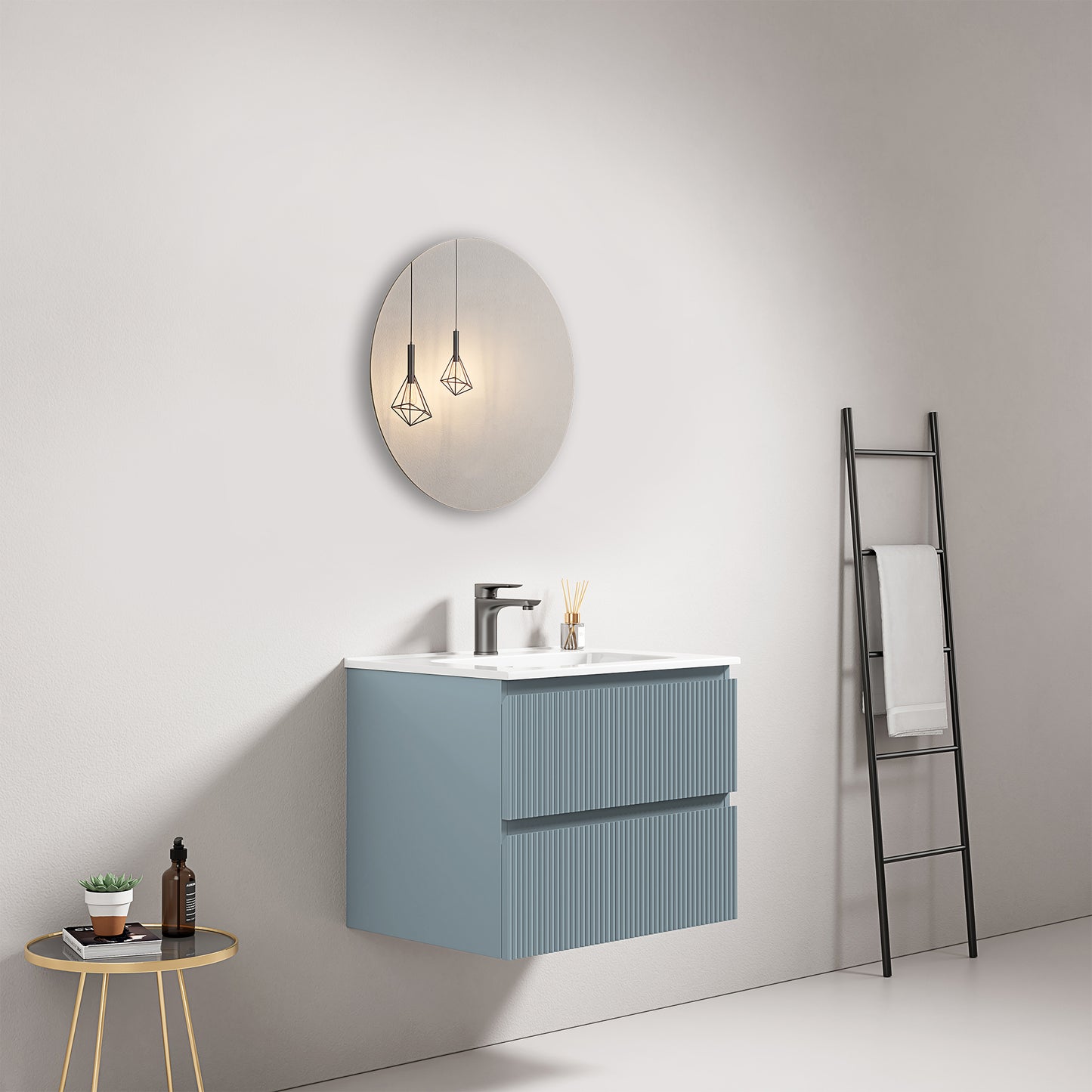 Mobile bagno sospeso cannettato 60 cm Blu Avio Lavabo in Ceramica Specchio Tondo - Fiji Paint