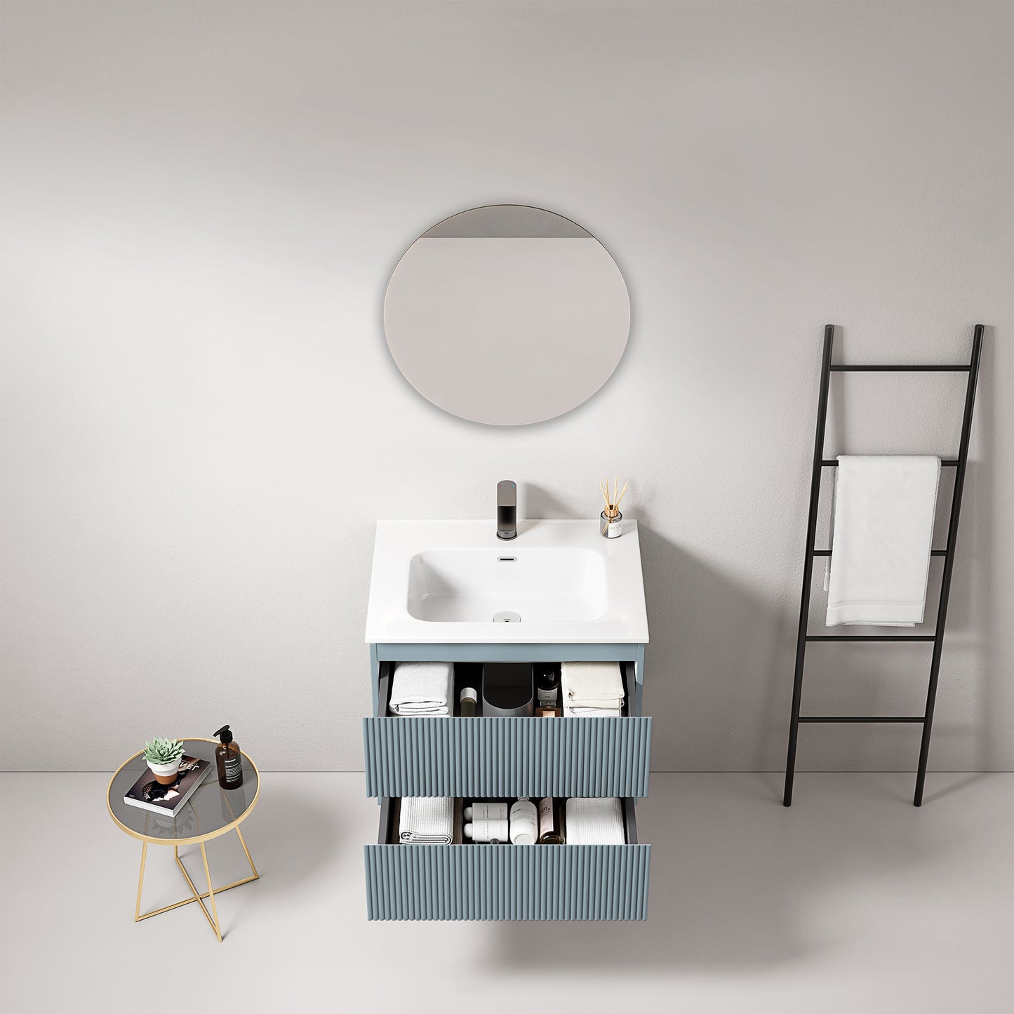 Mobile bagno sospeso cannettato 60 cm Blu Avio Lavabo in Ceramica Specchio Tondo - Fiji Paint