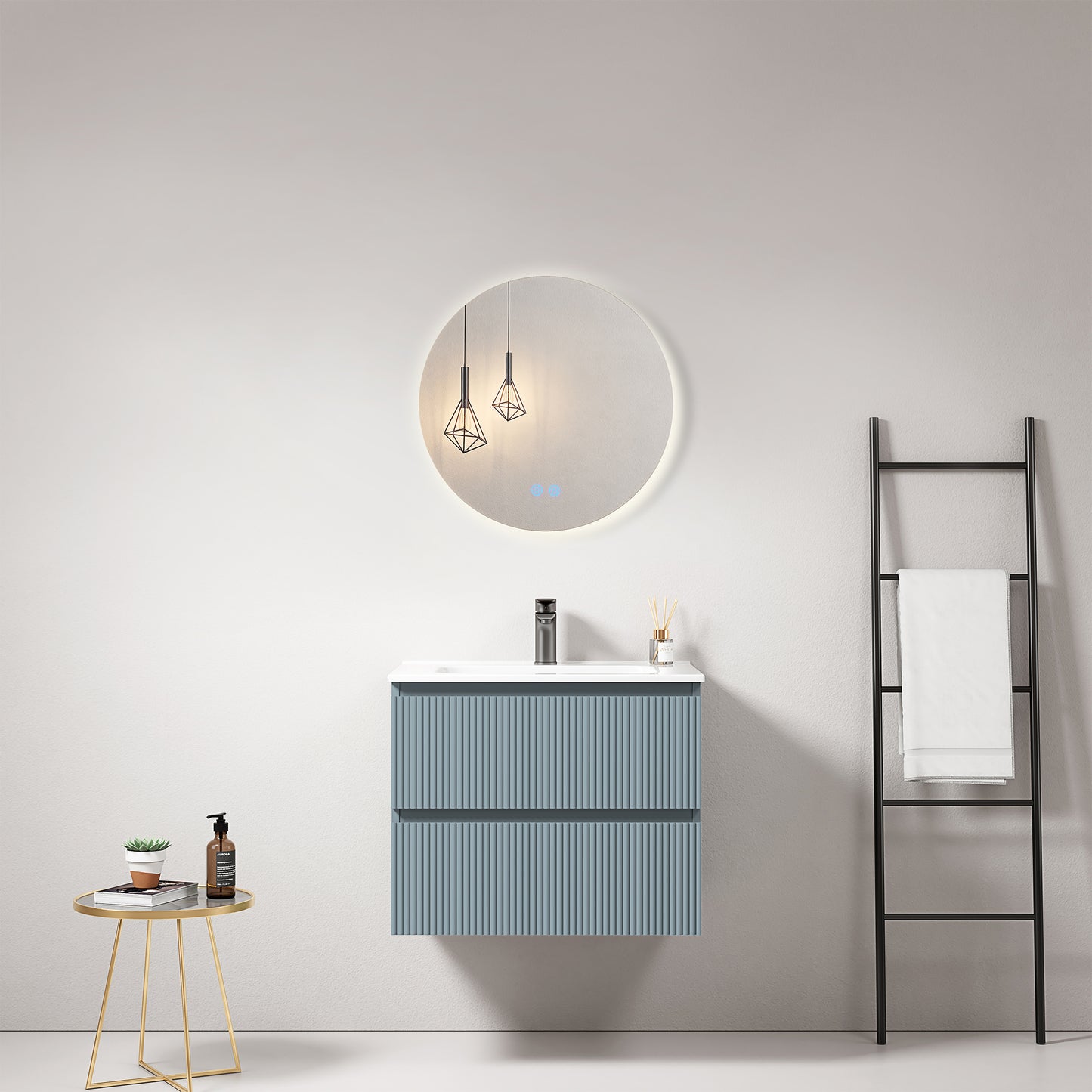 Mobile bagno sospeso cannettato 60 cm Blu Avio Lavabo in Ceramica Specchio Tondo Retroilluminato - Fiji Paint