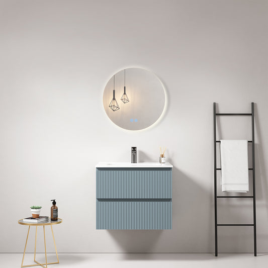 Mobile bagno sospeso cannettato 60 cm Blu Avio Lavabo in Ceramica Specchio Tondo Retroilluminato - Fiji Paint