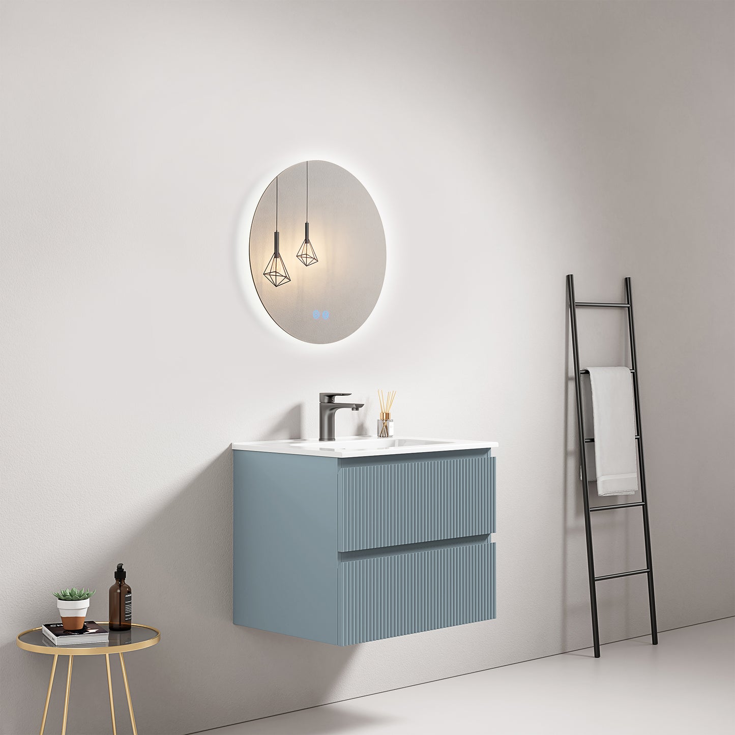 Mobile bagno sospeso cannettato 60 cm Blu Avio Lavabo in Ceramica Specchio Tondo Retroilluminato - Fiji Paint