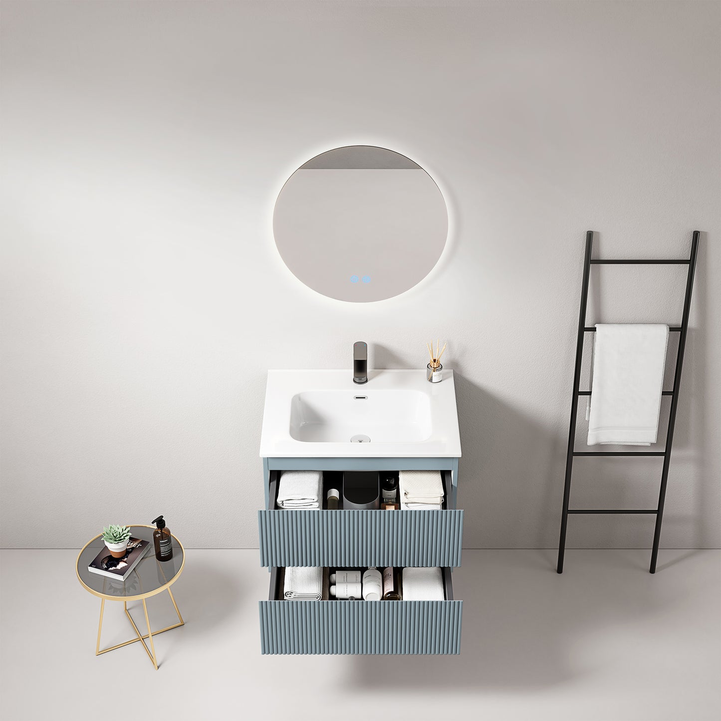 Mobile bagno sospeso cannettato 60 cm Blu Avio Lavabo in Ceramica Specchio Tondo Retroilluminato - Fiji Paint