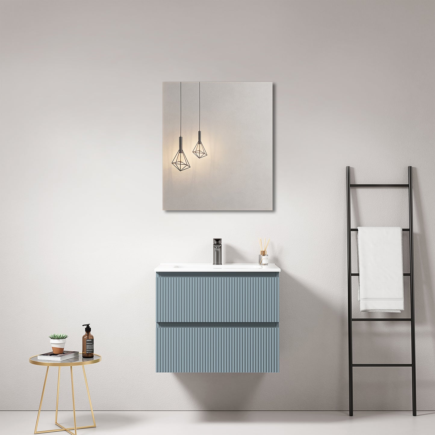 Mobile bagno sospeso cannettato 60 cm Blu Avio Lavabo in Ceramica Specchio Quadro - Fiji Paint
