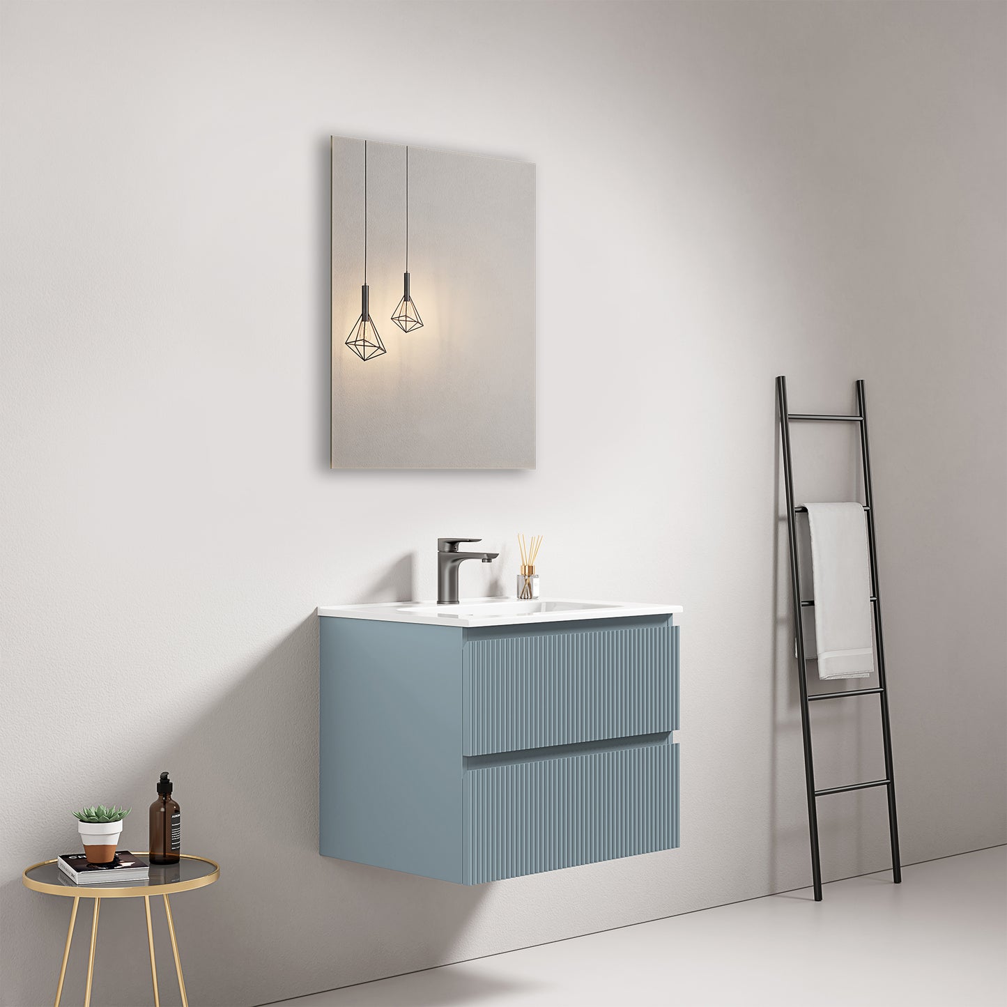 Mobile bagno sospeso cannettato 60 cm Blu Avio Lavabo in Ceramica Specchio Quadro - Fiji Paint