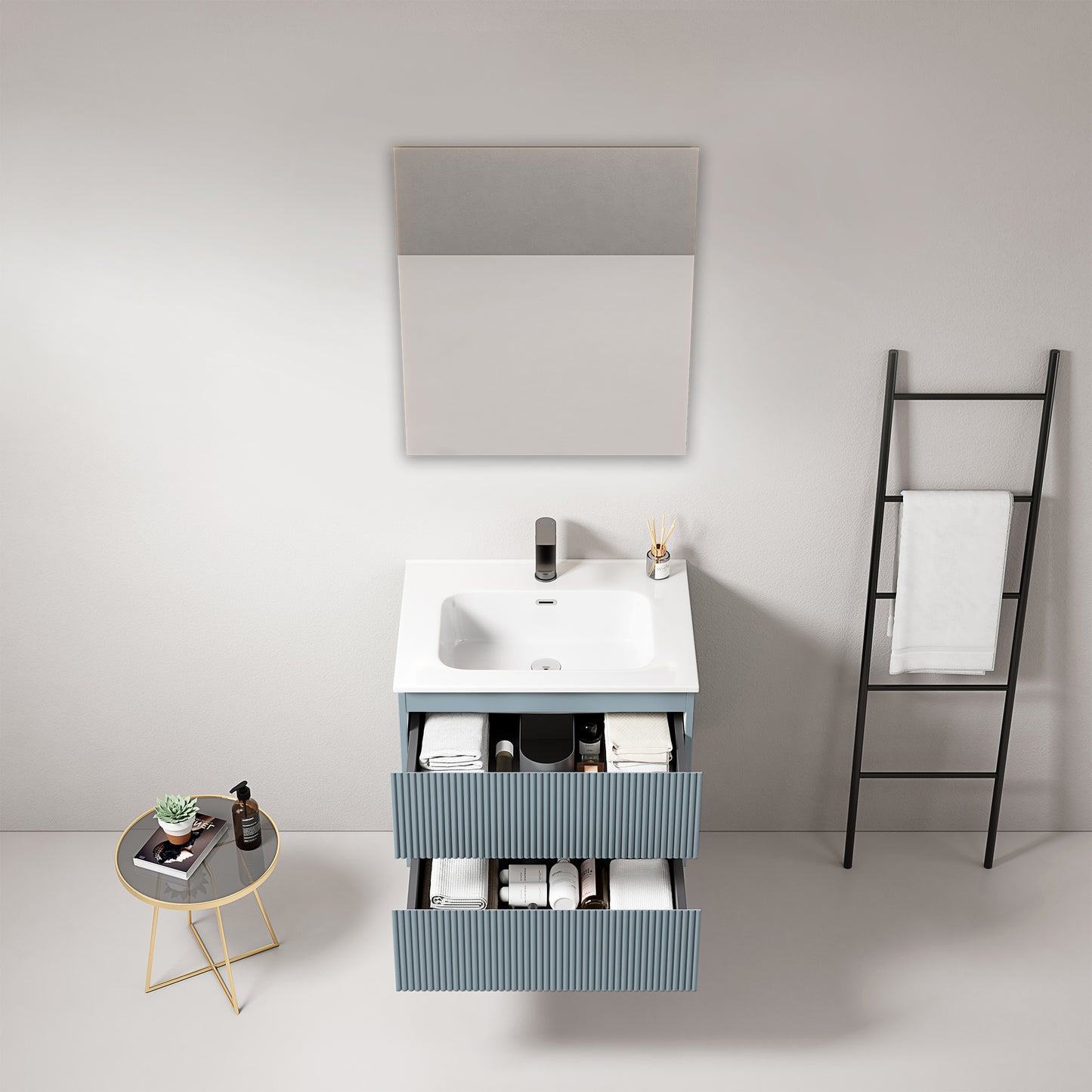 Mobile bagno sospeso cannettato 60 cm Blu Avio Lavabo in Ceramica Specchio Quadro - Fiji Paint