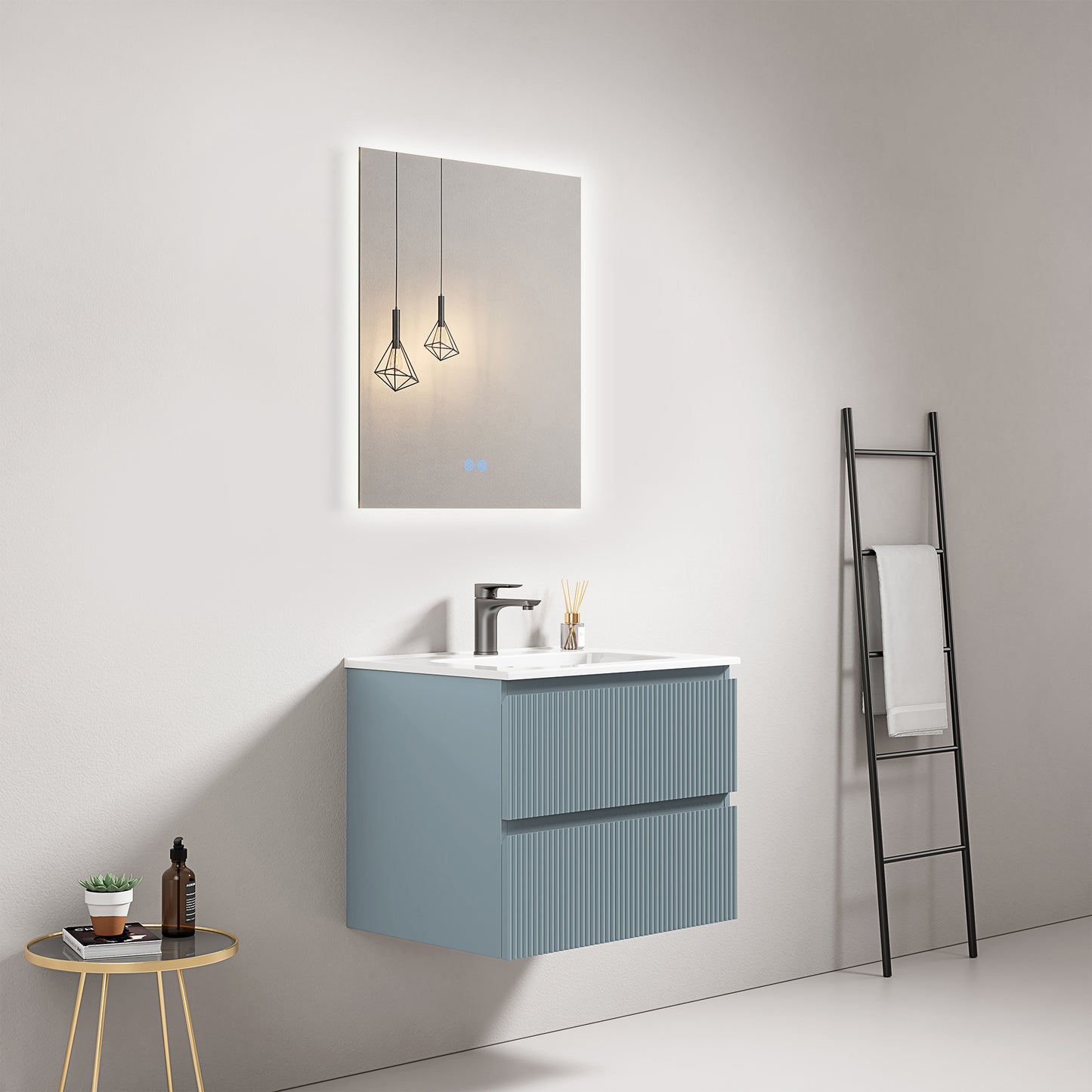Mobile bagno sospeso cannettato 60 cm Blu Avio Lavabo in Ceramica Specchio Quadro Retroilluminato - Fiji Paint