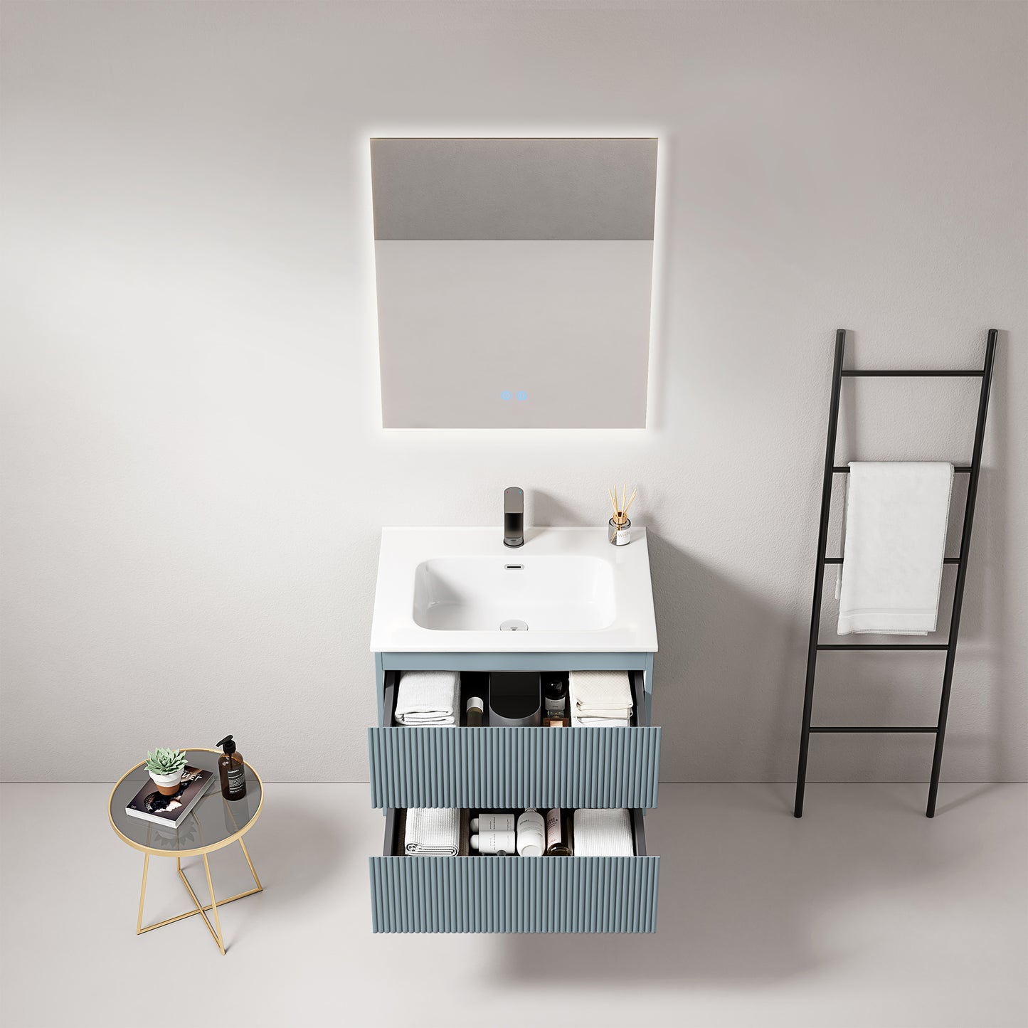 Mobile bagno sospeso cannettato 60 cm Blu Avio Lavabo in Ceramica Specchio Quadro Retroilluminato - Fiji Paint
