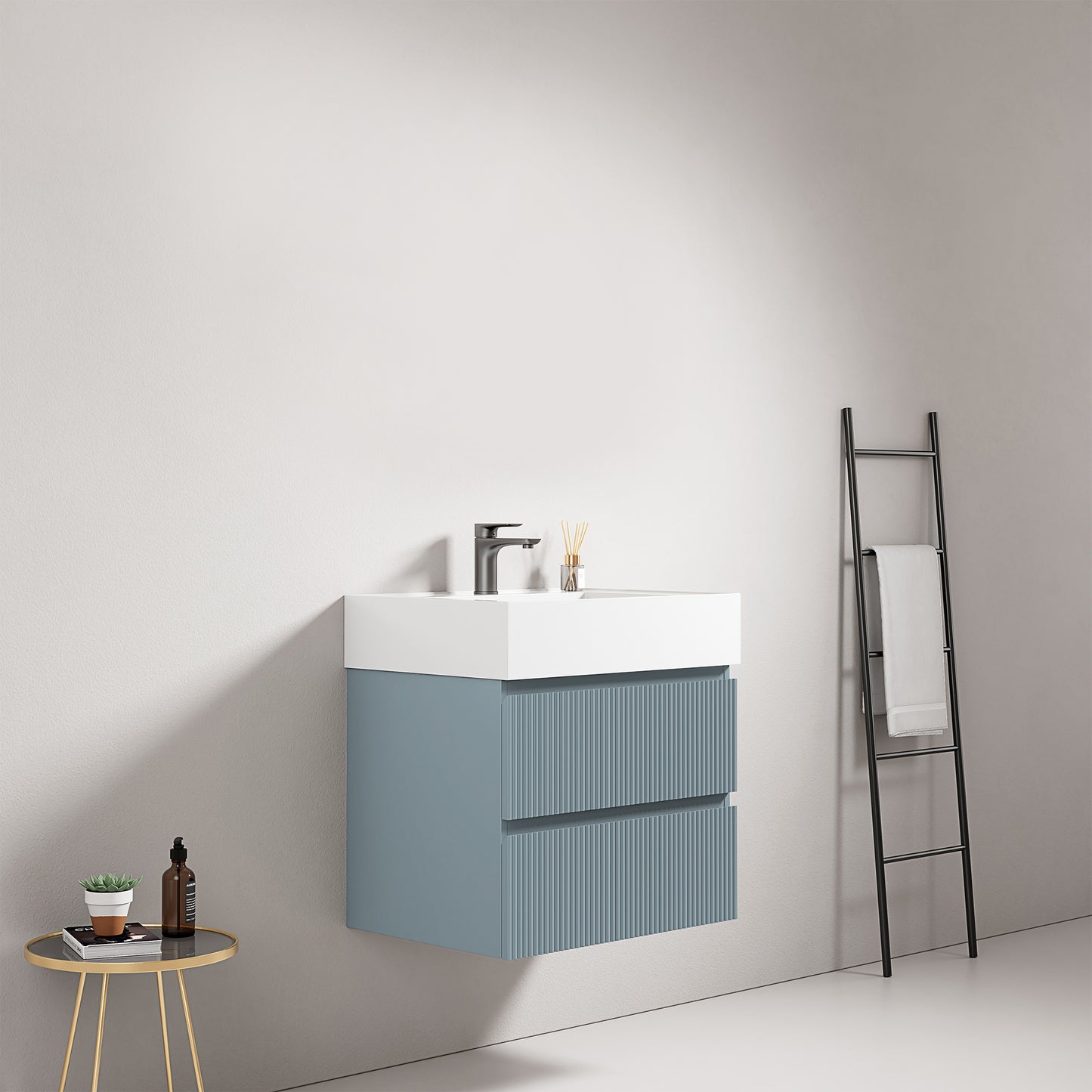 Mobile bagno sospeso cannettato 60 cm Blu Avio Lavabo in Resina Senza Specchio - Fiji Paint