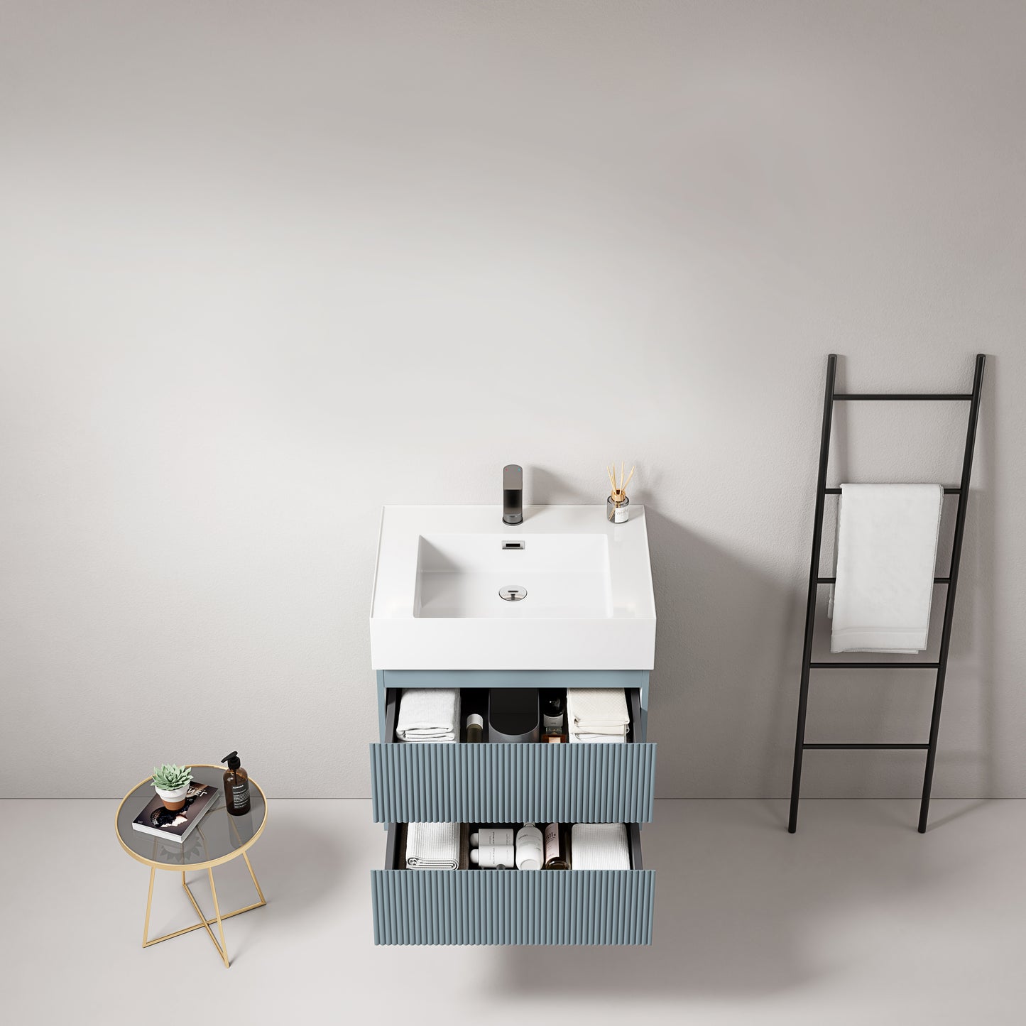 Mobile bagno sospeso cannettato 60 cm Blu Avio Lavabo in Resina Senza Specchio - Fiji Paint