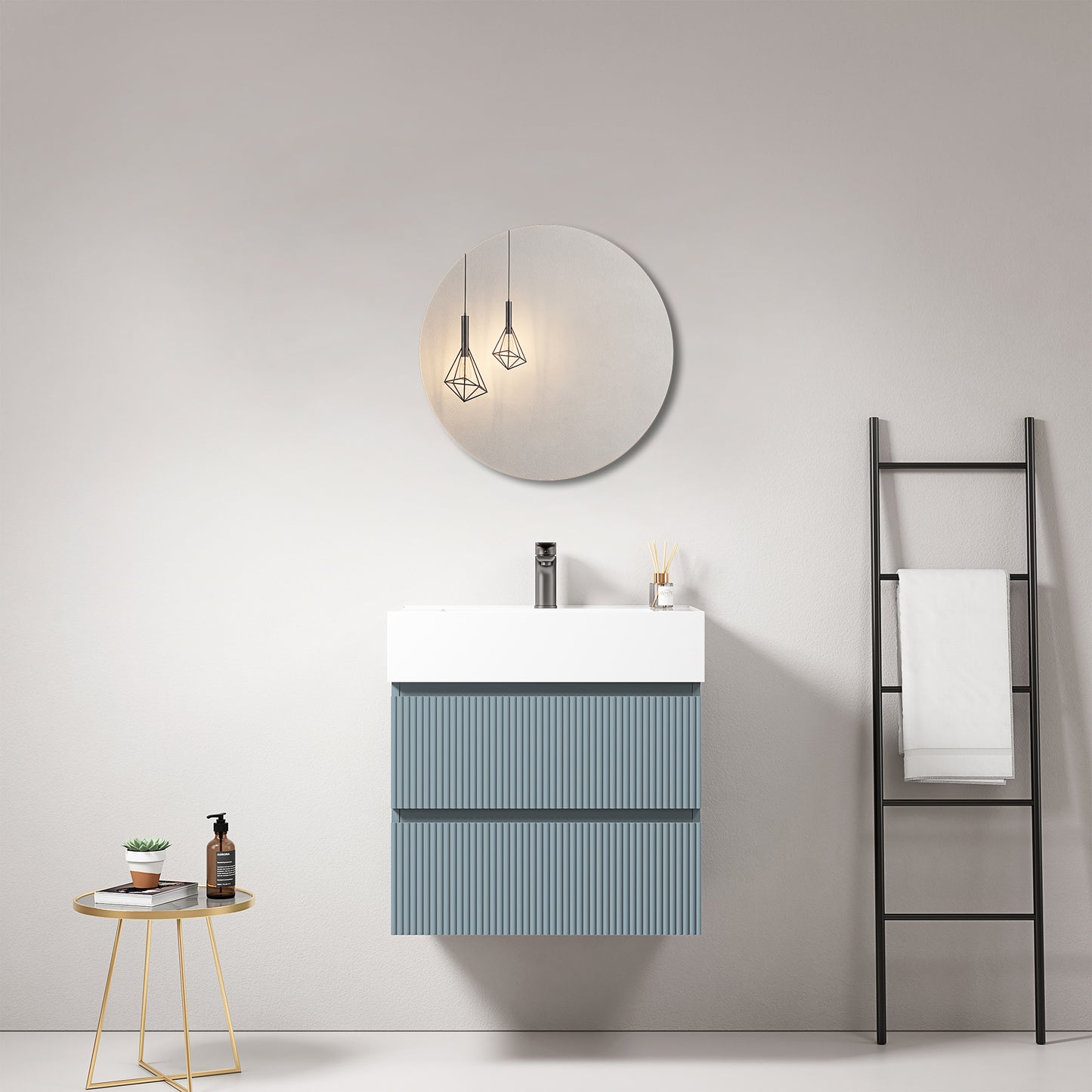 Mobile bagno sospeso cannettato 60 cm Blu Avio Lavabo in Resina Specchio Tondo - Fiji Paint
