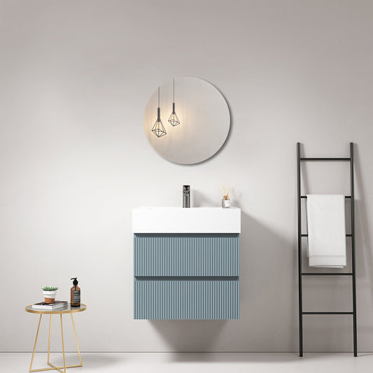 Mobile bagno sospeso cannettato 60 cm Blu Avio Lavabo in Resina Specchio Tondo - Fiji Paint