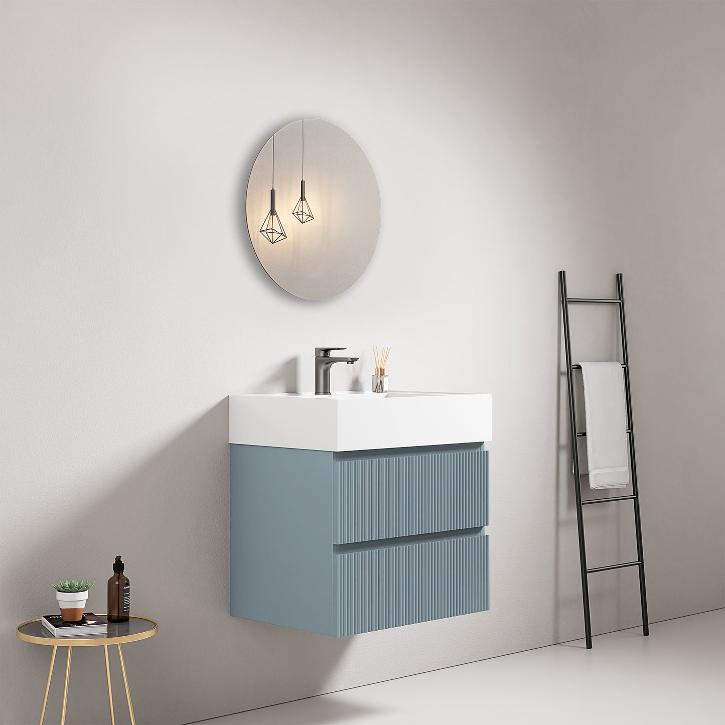 Mobile bagno sospeso cannettato 60 cm Blu Avio Lavabo in Resina Specchio Tondo - Fiji Paint