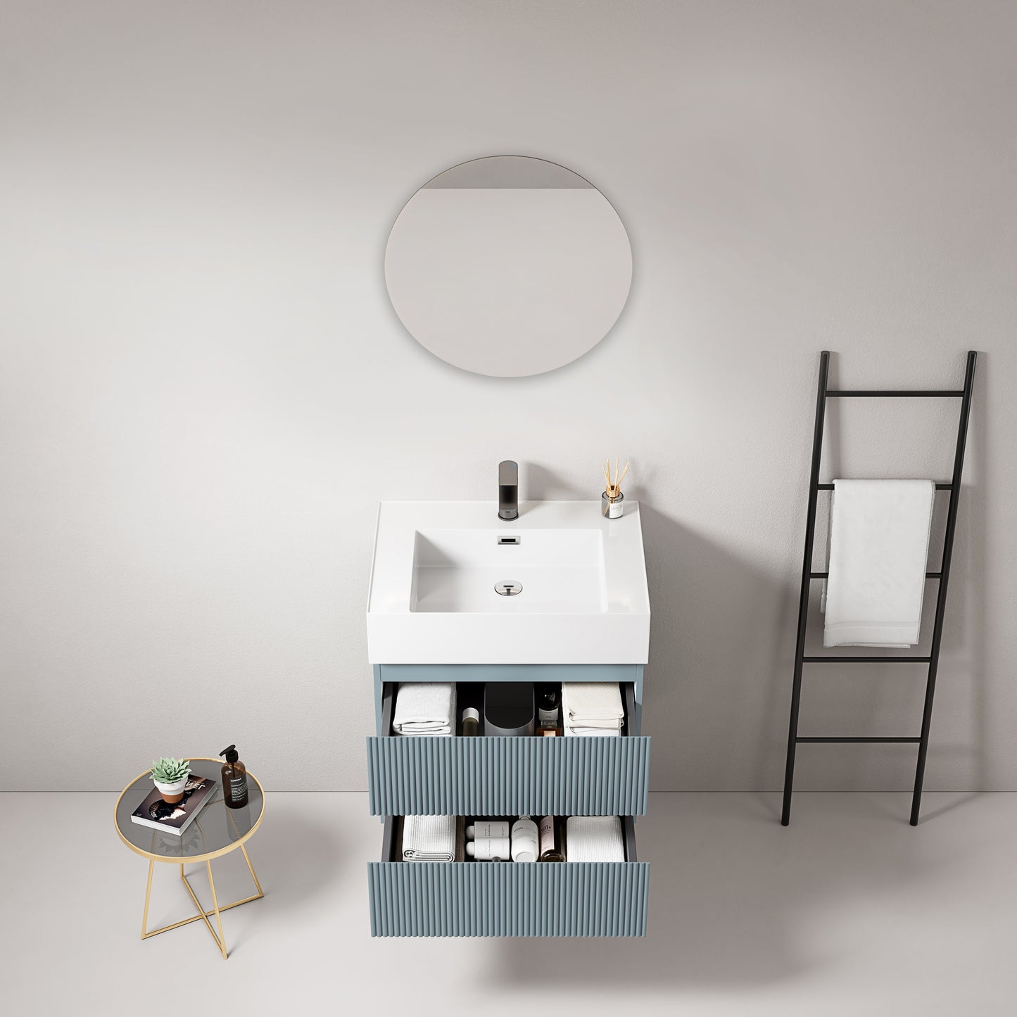 Mobile bagno sospeso cannettato 60 cm Blu Avio Lavabo in Resina Specchio Tondo - Fiji Paint