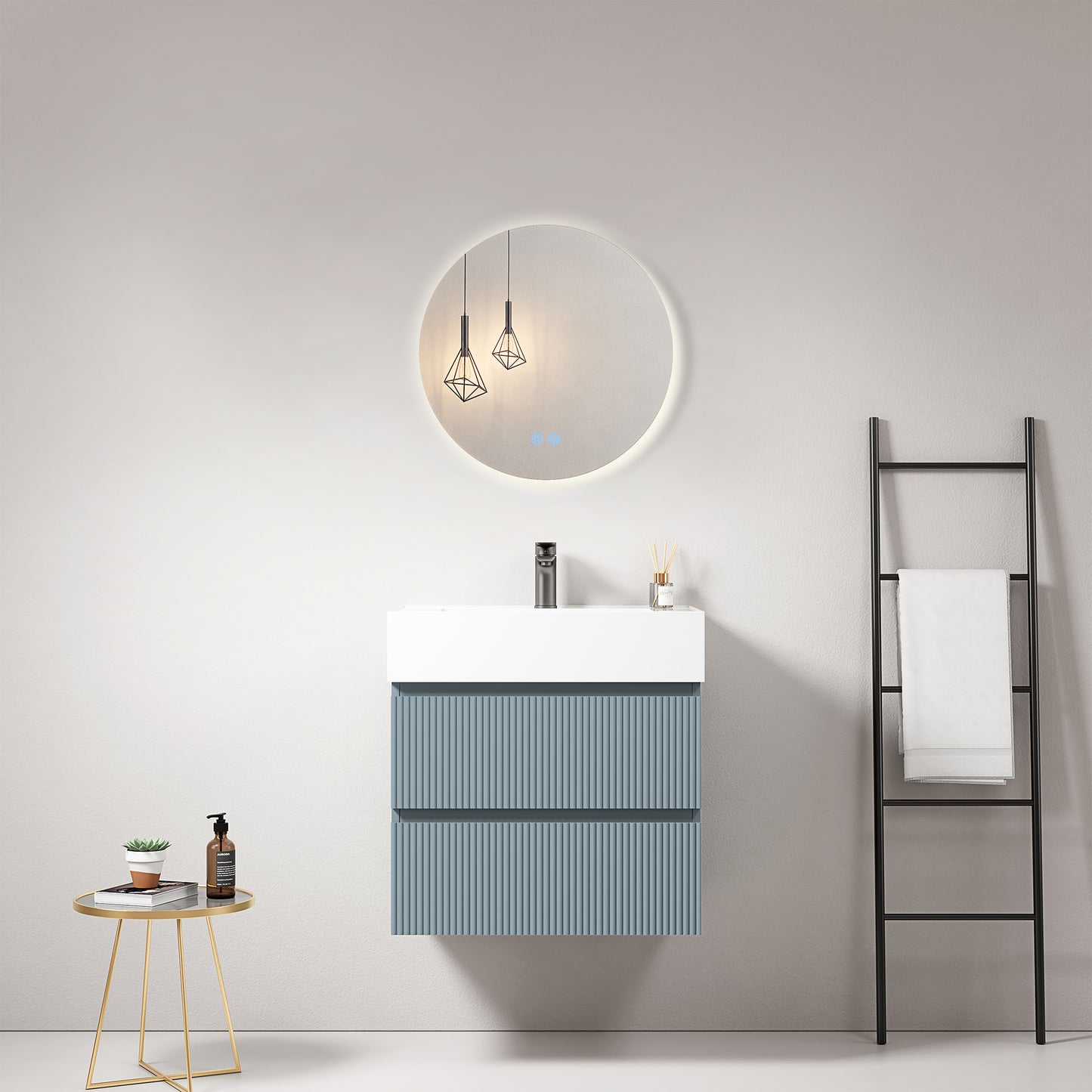Mobile bagno sospeso cannettato 60 cm Blu Avio Lavabo in Resina Specchio Tondo Retroilluminato - Fiji Paint