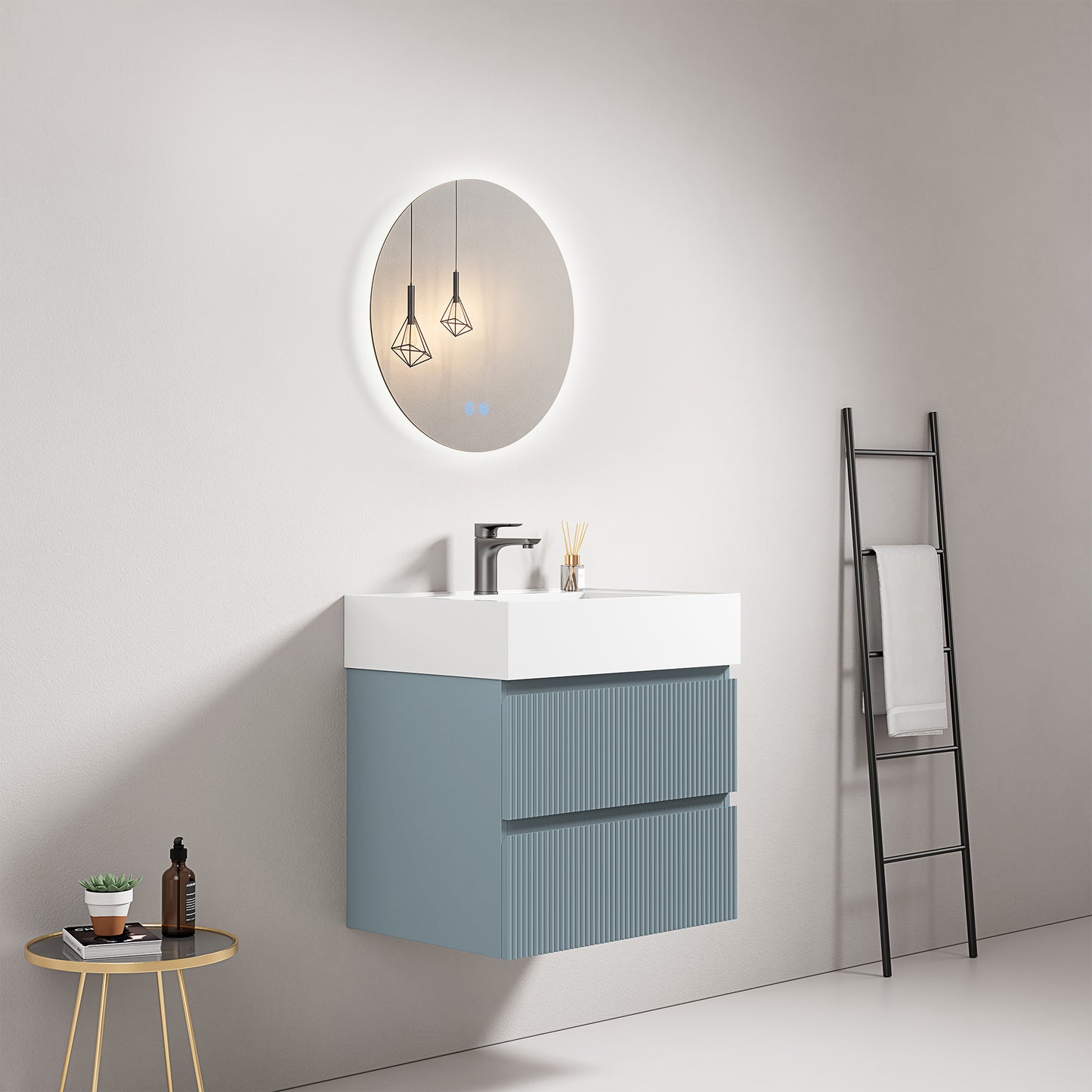 Mobile bagno sospeso cannettato 60 cm Blu Avio Lavabo in Resina Specchio Tondo Retroilluminato - Fiji Paint
