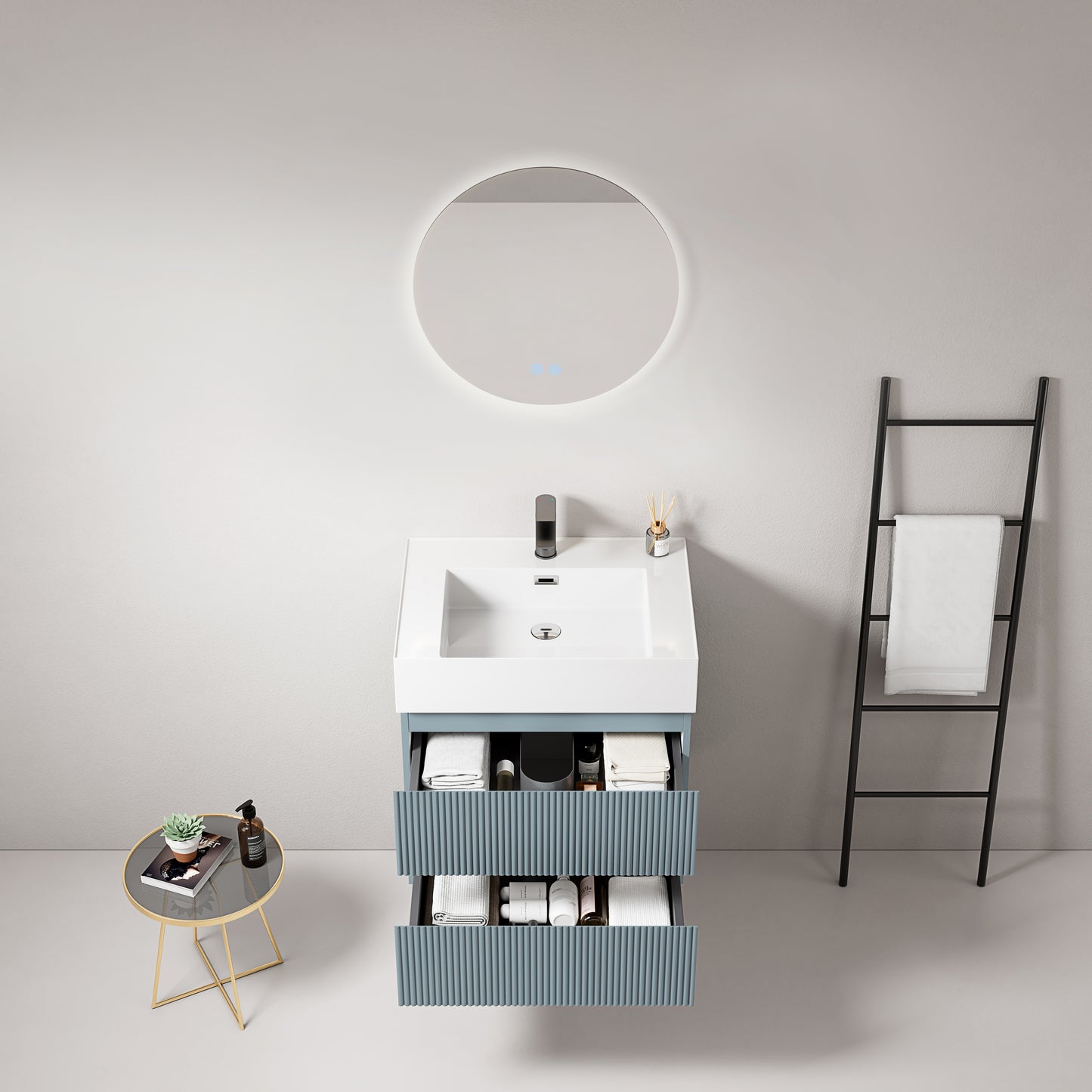 Mobile bagno sospeso cannettato 60 cm Blu Avio Lavabo in Resina Specchio Tondo Retroilluminato - Fiji Paint