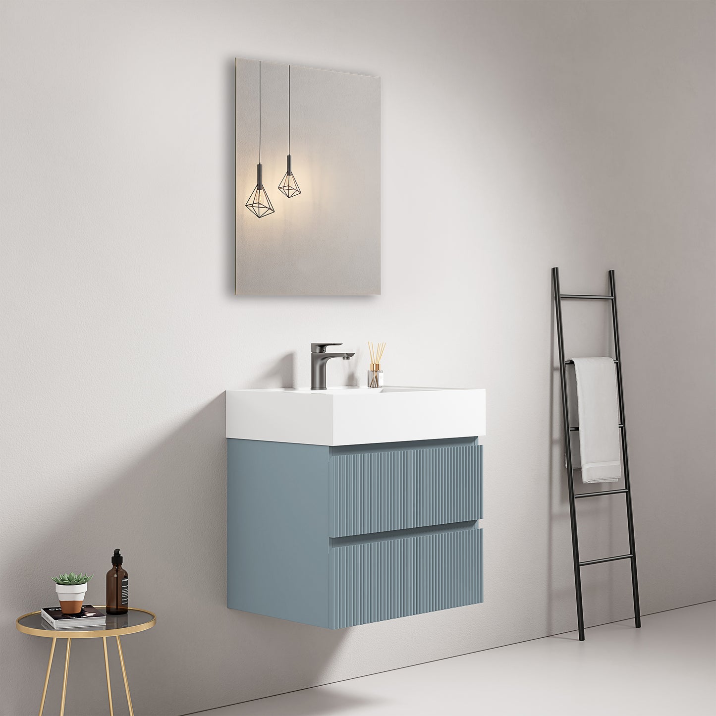 Mobile bagno sospeso cannettato 60 cm Blu Avio Lavabo in Resina Specchio Quadro - Fiji Paint