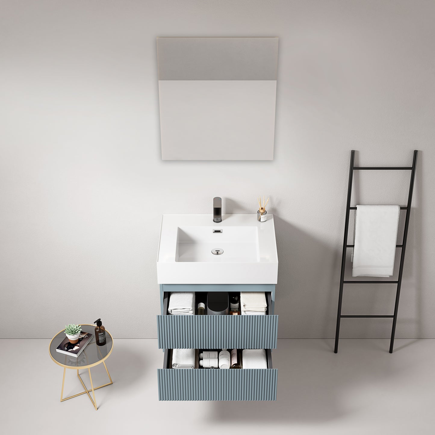 Mobile bagno sospeso cannettato 60 cm Blu Avio Lavabo in Resina Specchio Quadro - Fiji Paint