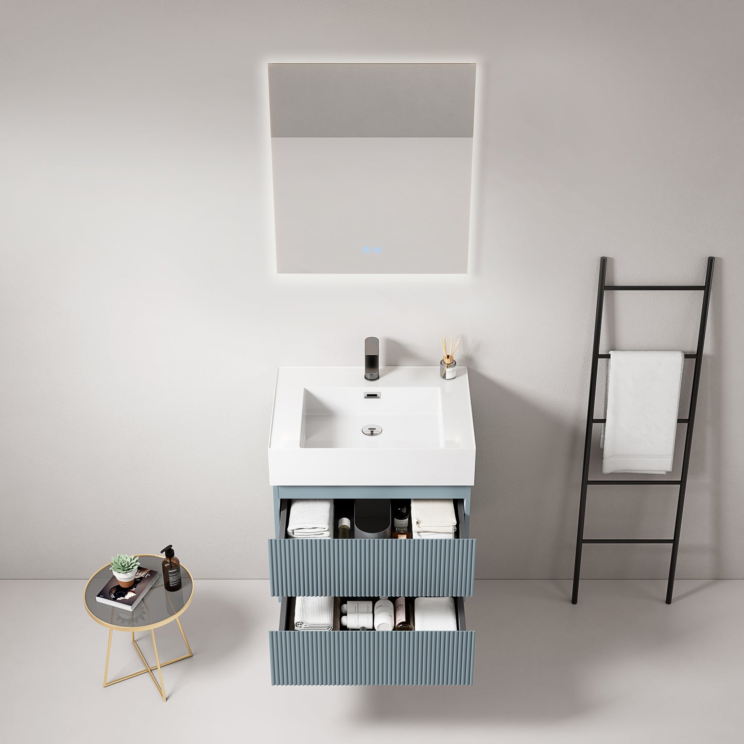 Mobile bagno sospeso cannettato 60 cm Blu Avio Lavabo in Resina Specchio Quadro Retroilluminato - Fiji Paint