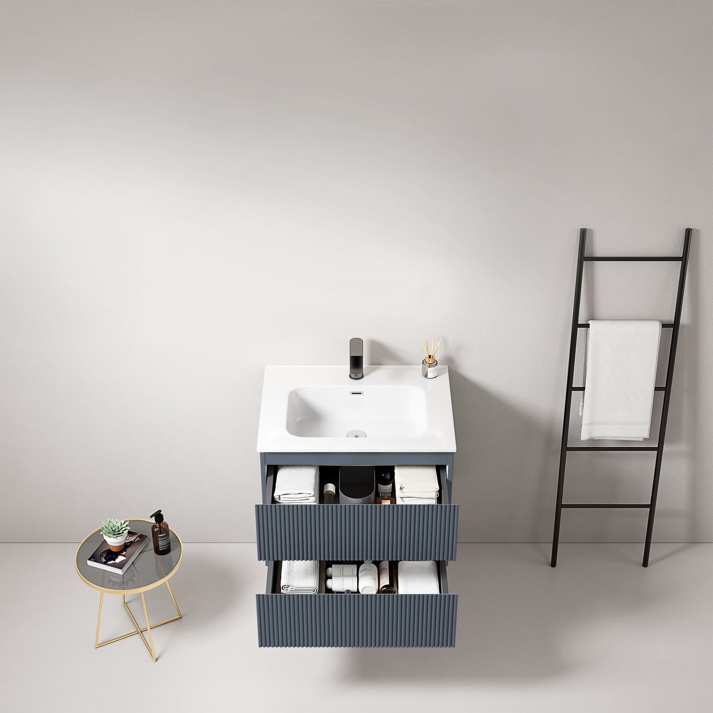 Mobile bagno sospeso cannettato 60 cm Blu Mare Lavabo in Ceramica Senza Specchio - Fiji Paint