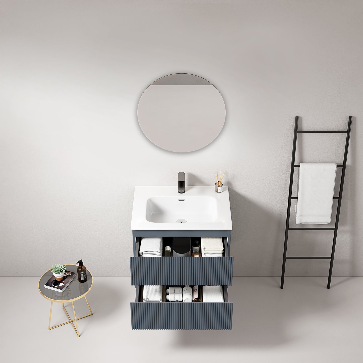 Mobile bagno sospeso cannettato 60 cm Blu Mare Lavabo in Ceramica Specchio Tondo - Fiji Paint