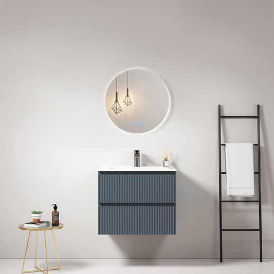 Mobile bagno sospeso cannettato 60 cm Blu Mare Lavabo in Ceramica Specchio Tondo Retroilluminato - Fiji Paint
