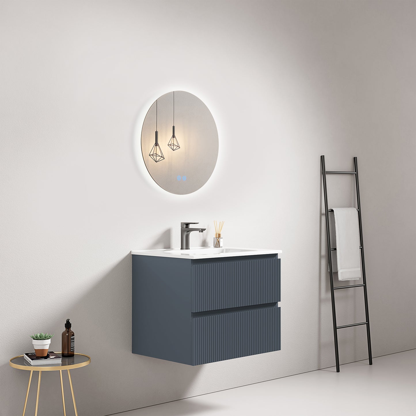 Mobile bagno sospeso cannettato 60 cm Blu Mare Lavabo in Ceramica Specchio Tondo Retroilluminato - Fiji Paint