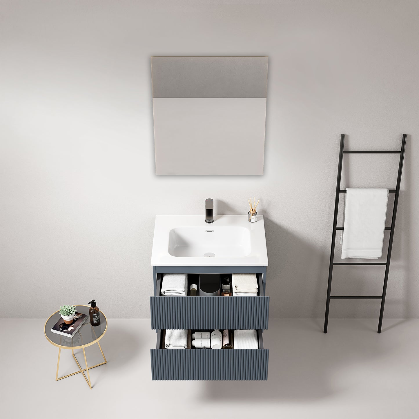 Mobile bagno sospeso cannettato 60 cm Blu Mare Lavabo in Ceramica Specchio Quadro - Fiji Paint