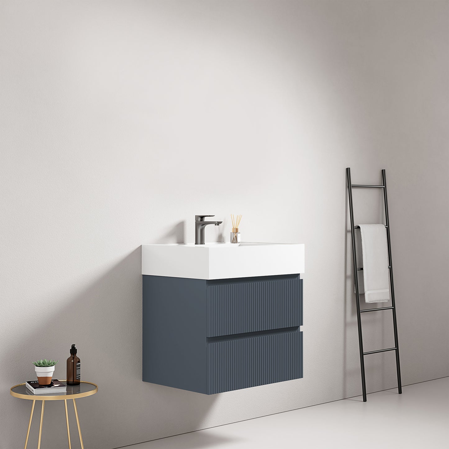 Mobile bagno sospeso cannettato 60 cm Blu Mare Lavabo in Resina Senza Specchio - Fiji Paint
