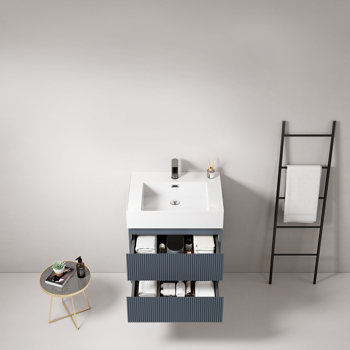 Mobile bagno sospeso cannettato 60 cm Blu Mare Lavabo in Resina Senza Specchio - Fiji Paint