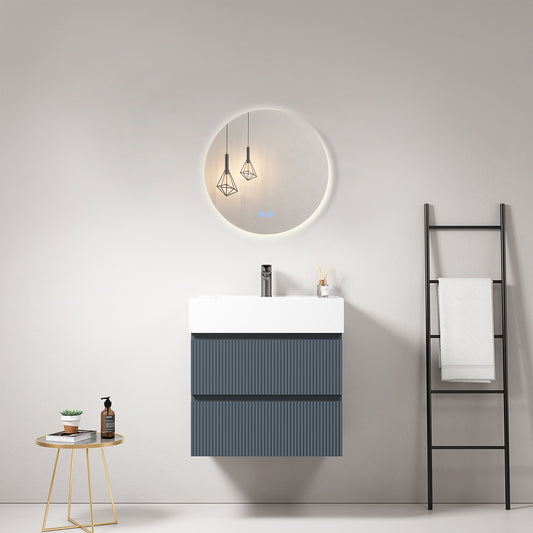Mobile bagno sospeso cannettato 60 cm Blu Mare Lavabo in Resina Specchio Tondo Retroilluminato - Fiji Paint