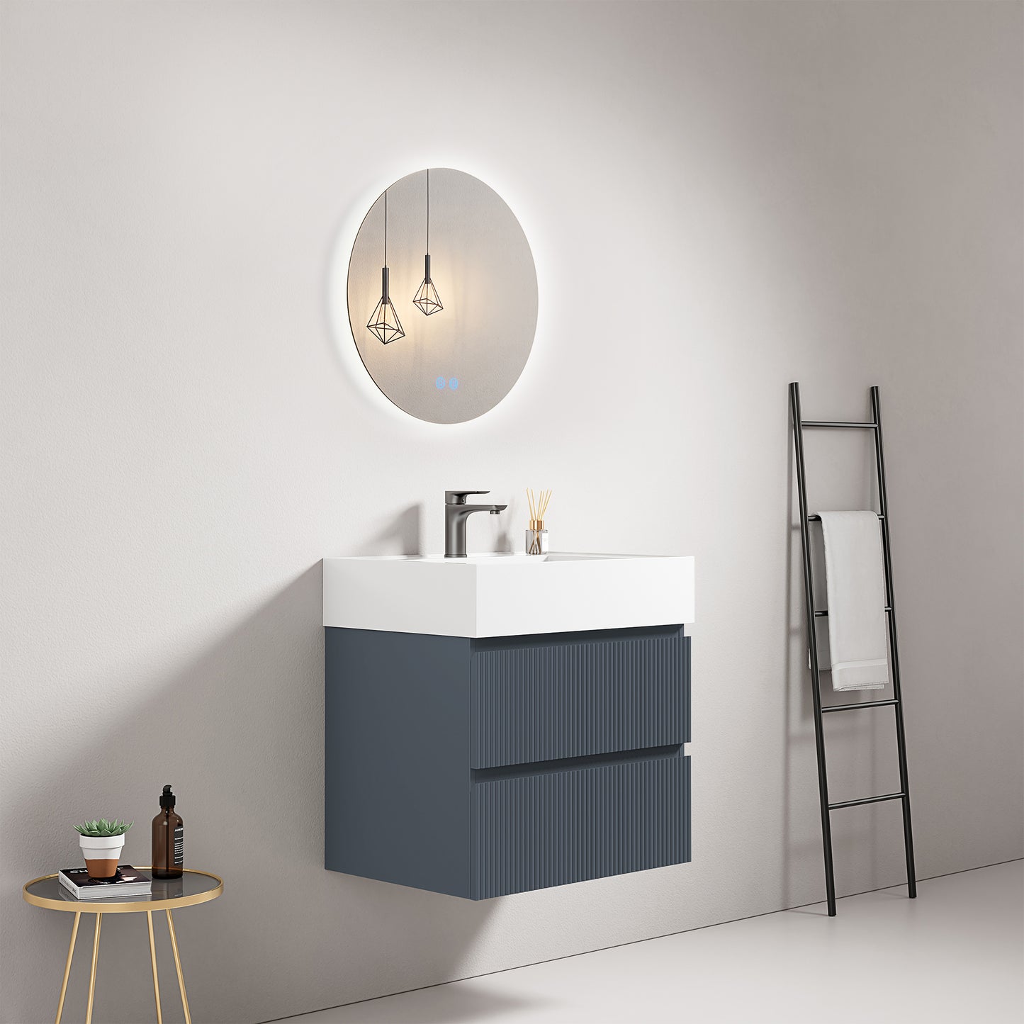 Mobile bagno sospeso cannettato 60 cm Blu Mare Lavabo in Resina Specchio Tondo Retroilluminato - Fiji Paint