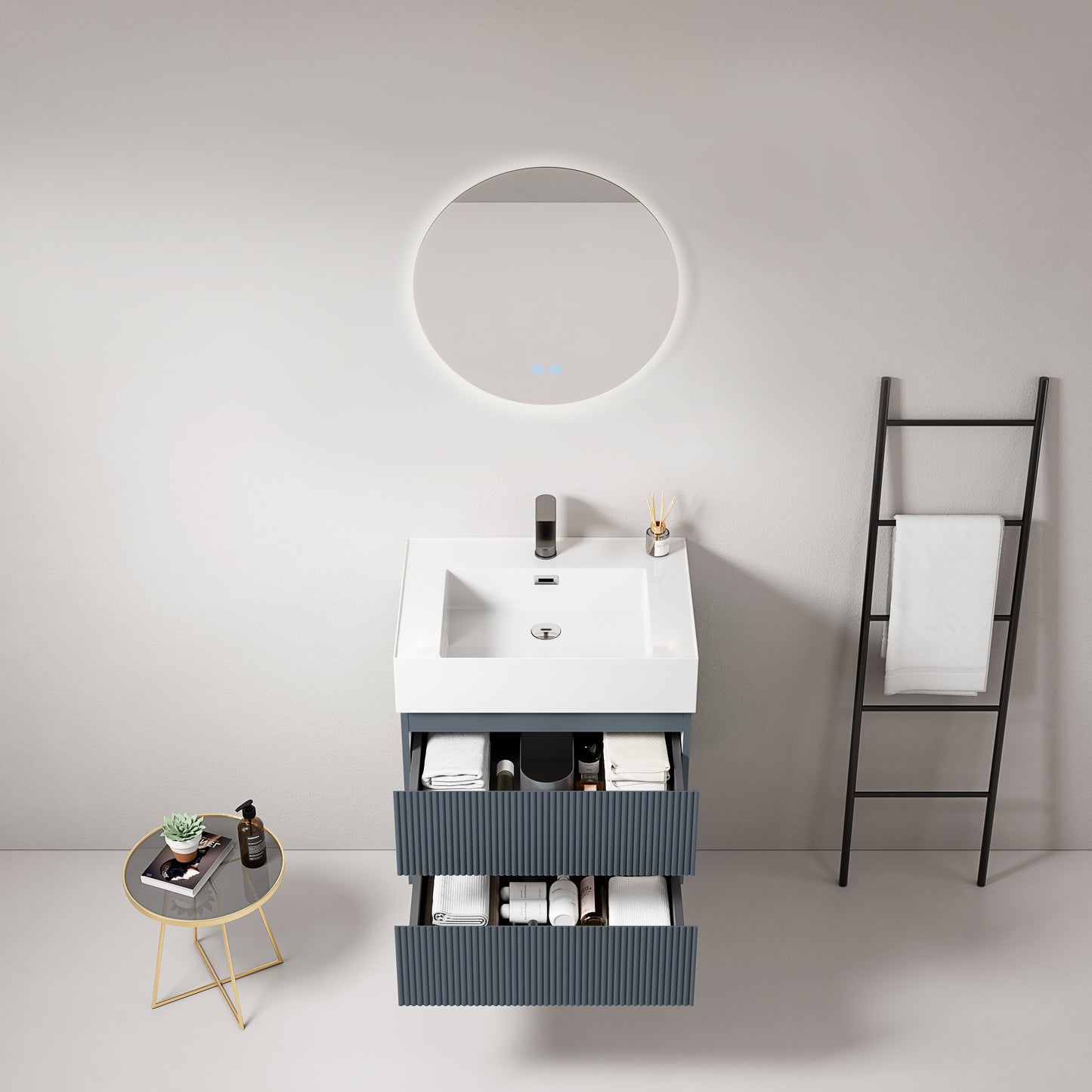 Mobile bagno sospeso cannettato 60 cm Blu Mare Lavabo in Resina Specchio Tondo Retroilluminato - Fiji Paint