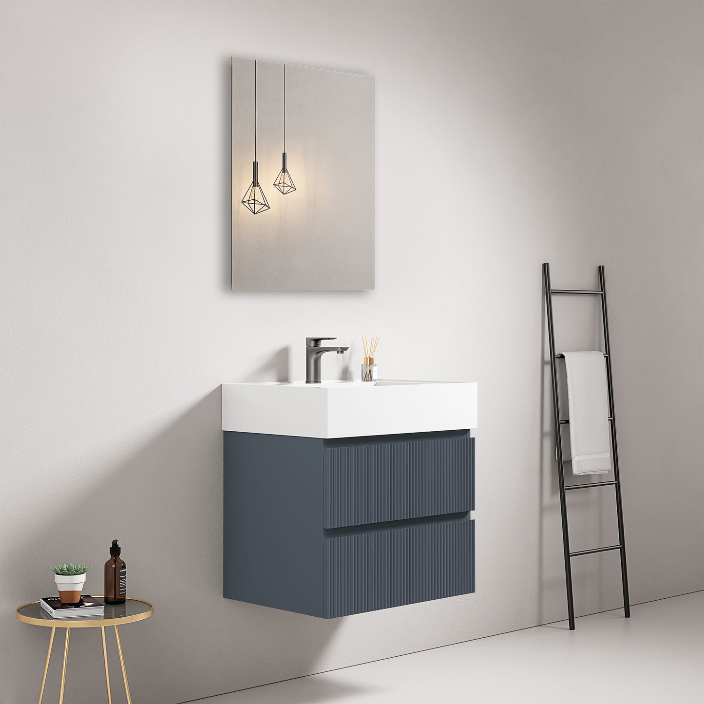 Mobile bagno sospeso cannettato 60 cm Blu Mare Lavabo in Resina Specchio Quadro - Fiji Paint